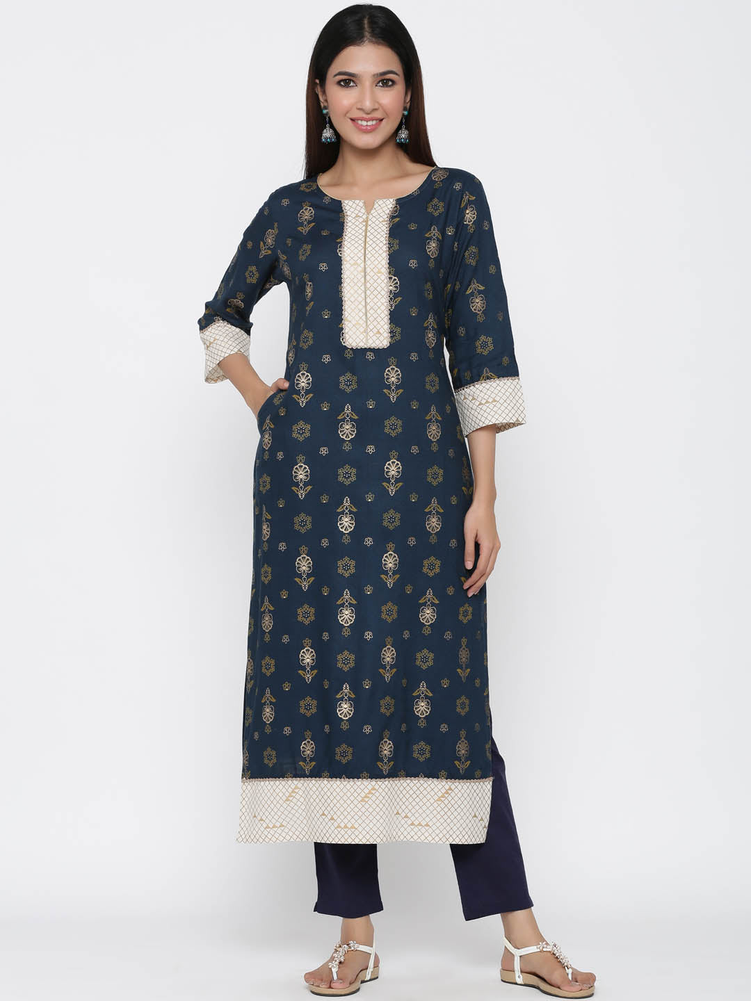 Navy Blue Ethnic Motif Straight Viscose Rayon Kurta
