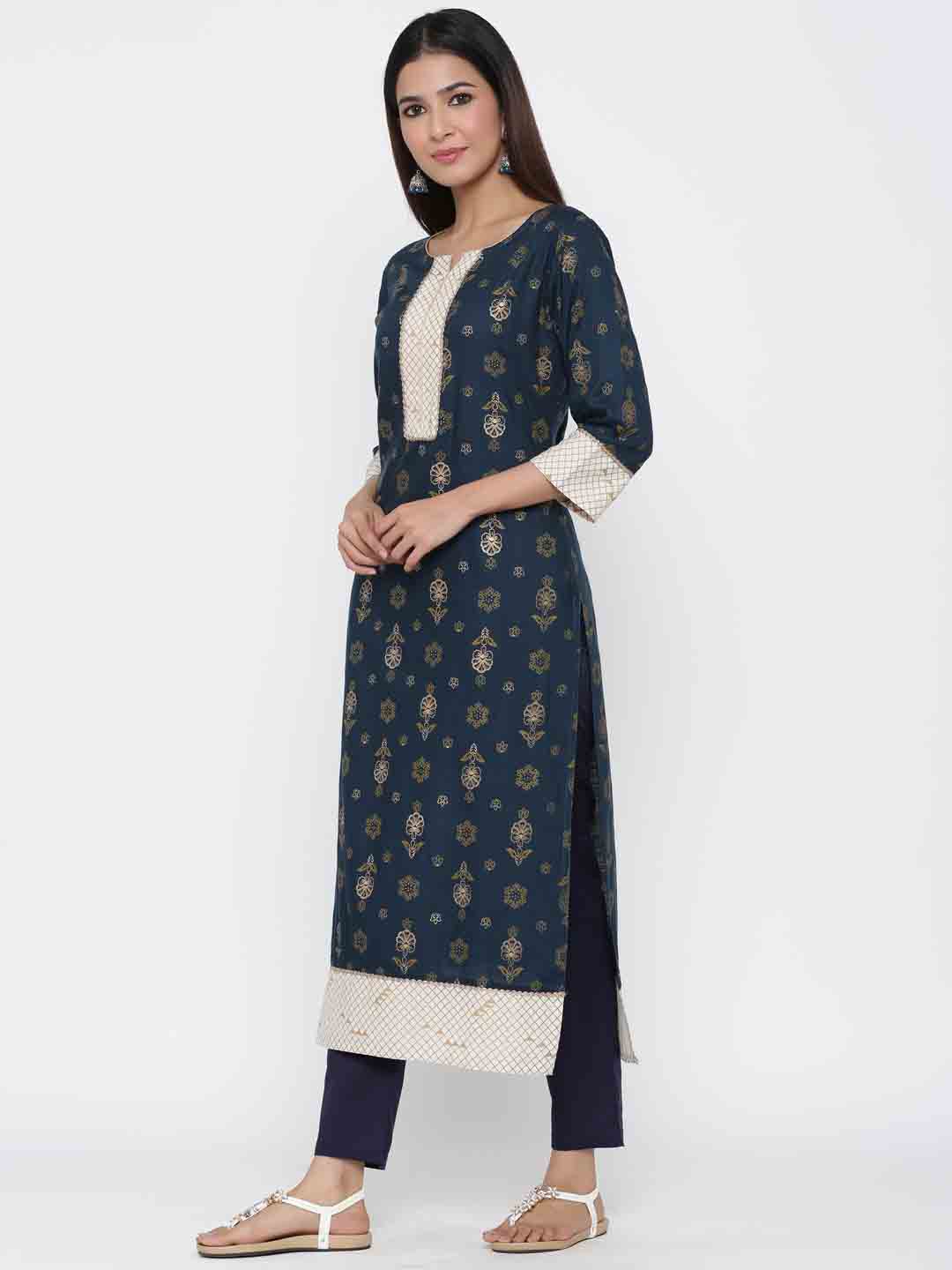 Navy Blue Ethnic Motif Straight Viscose Rayon Kurta