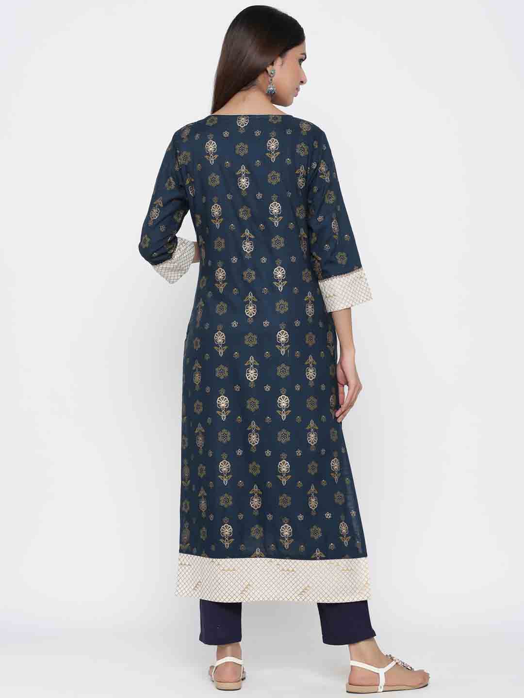 Navy Blue Ethnic Motif Straight Viscose Rayon Kurta
