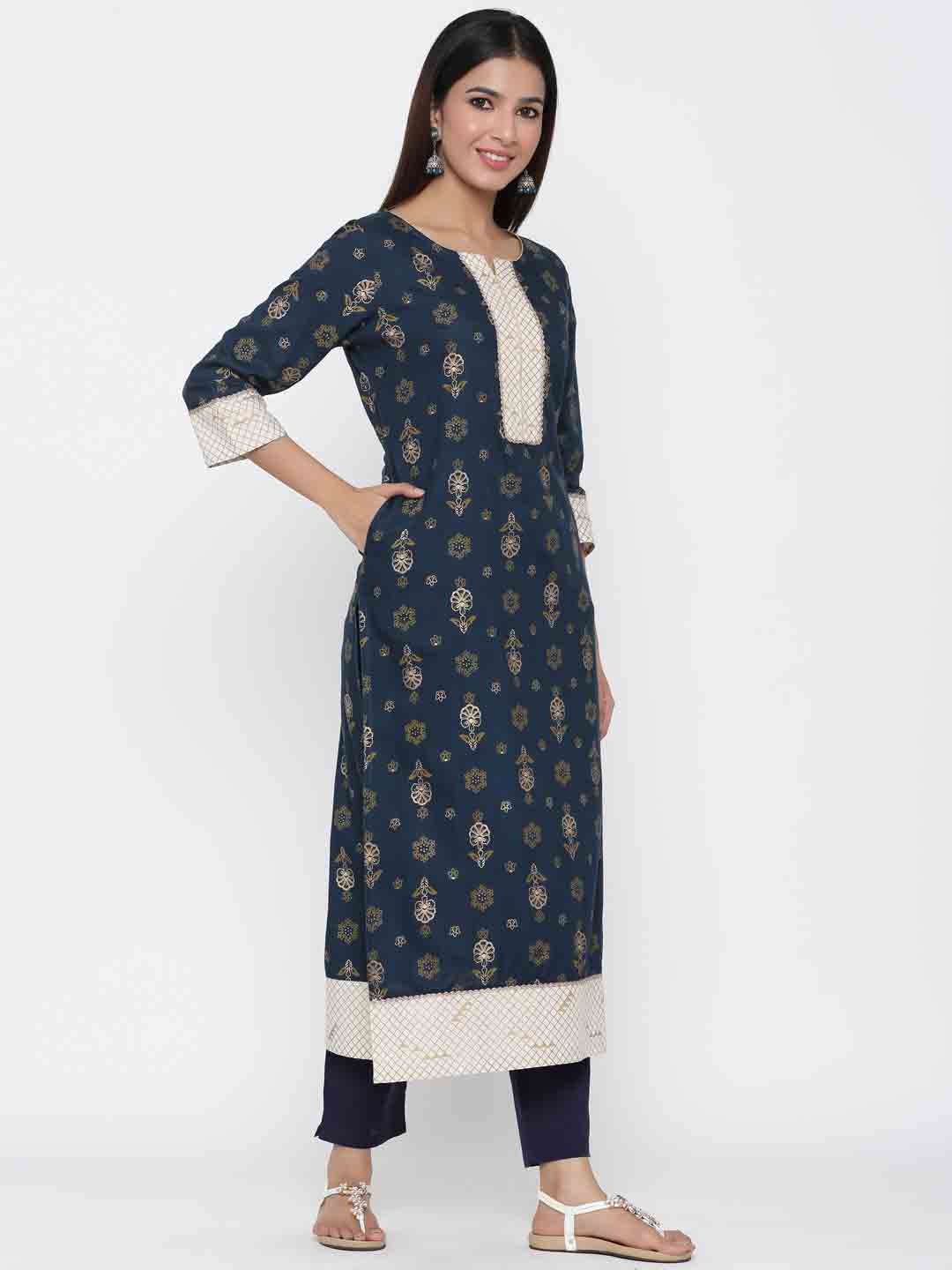 Navy Blue Ethnic Motif Straight Viscose Rayon Kurta