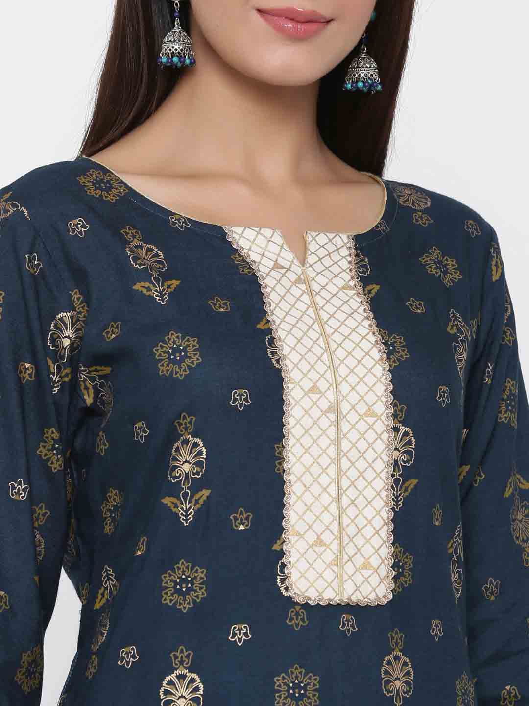 Navy Blue Ethnic Motif Straight Viscose Rayon Kurta