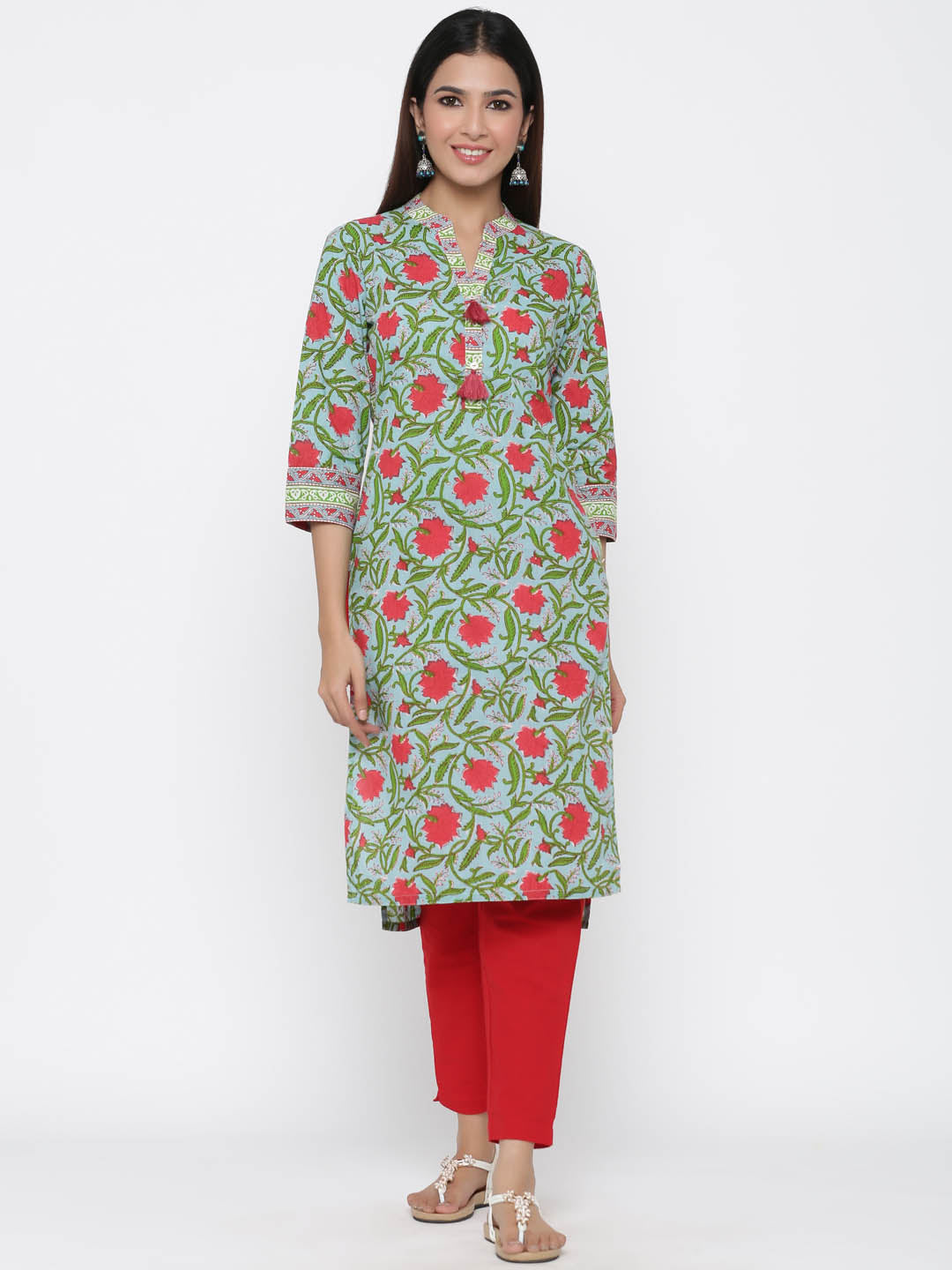Sea Green Floral Motifs Straight Cotton Kurta