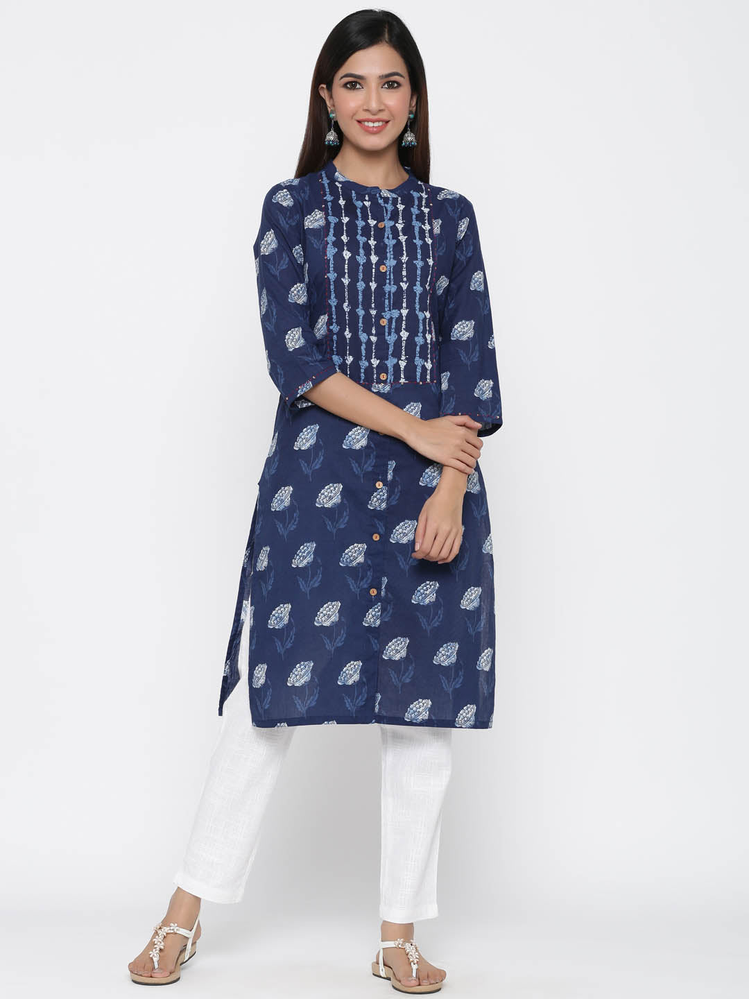 Indigo Floral Motif Straight Cotton Kurta For Women