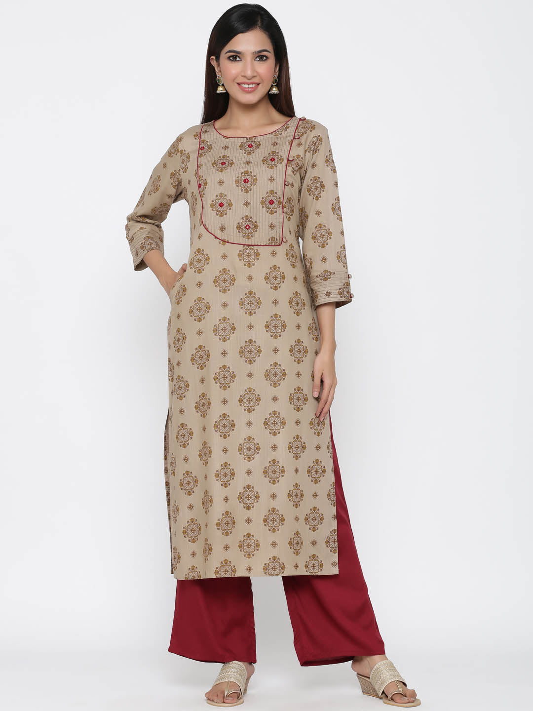 Khaki Ethnic Motif Straight Viscose Rayon Kurta