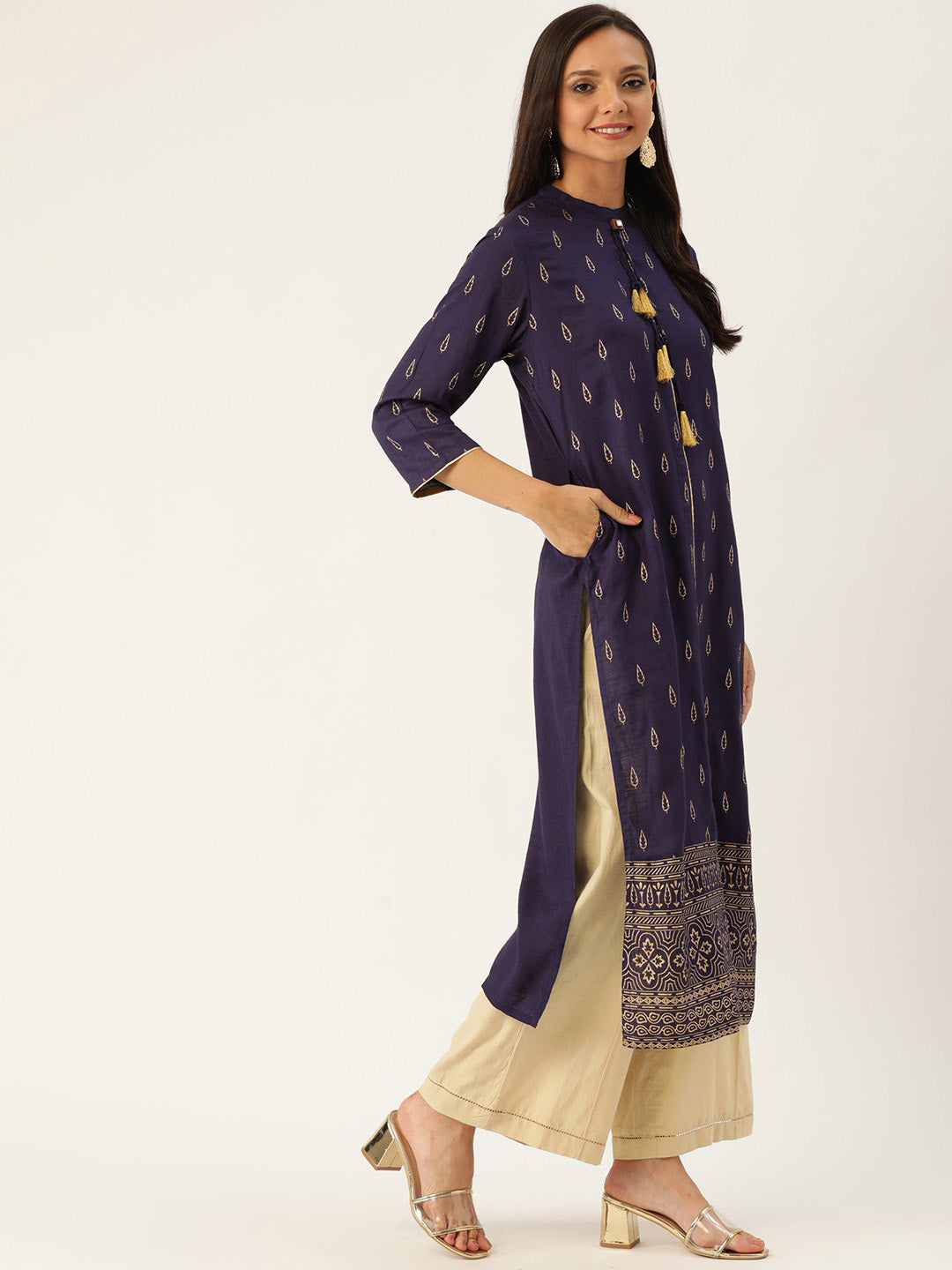 Blue Gold Print Straight Viscose Rayon Kurta