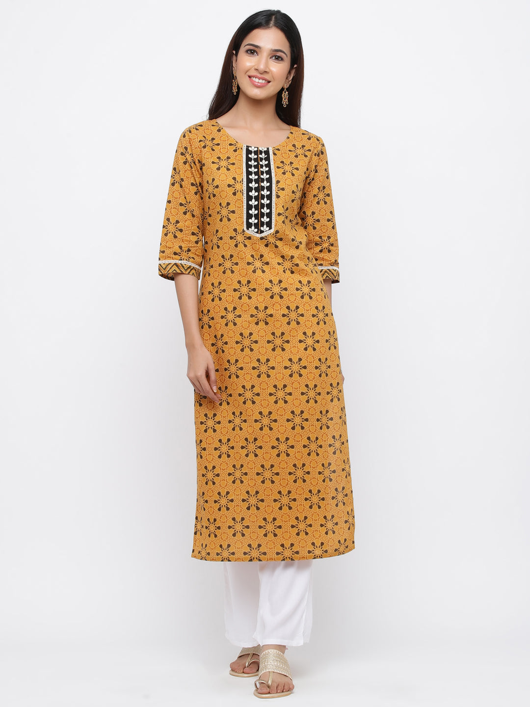Mustard Ethnic Motif Straight Cotton Kurta