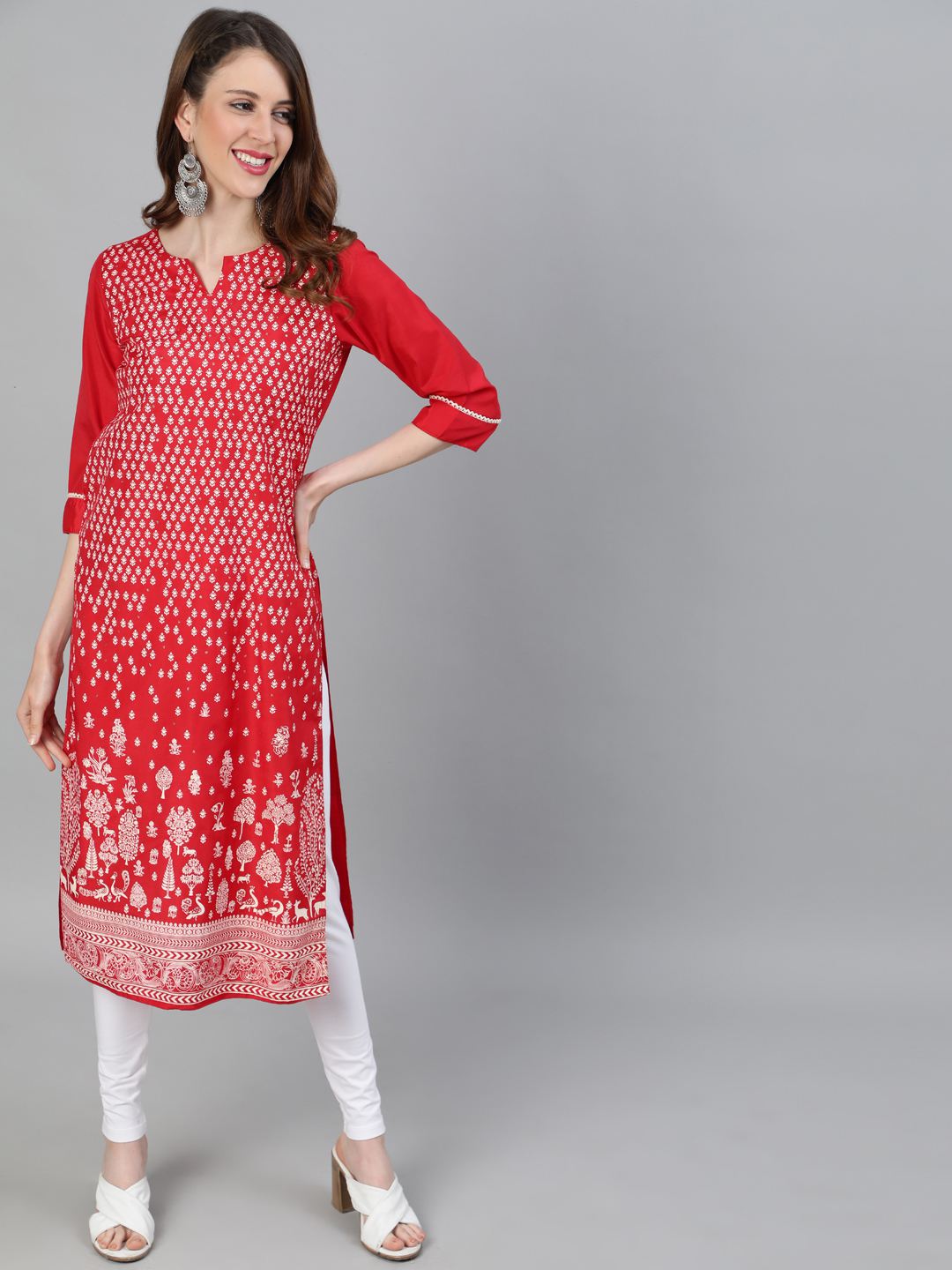 Red Ethnic Motifs Printed Straight Silk Blend Kurta