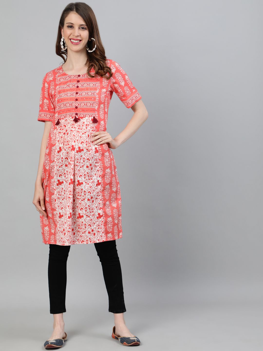 Peach Ethnic Motifs Straight Cotton Kurta