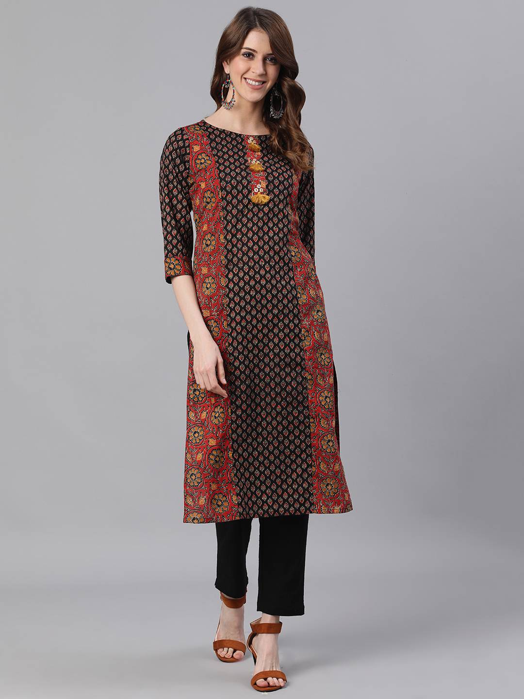 Rust Ethnic Print Straight Cotton Kurtas