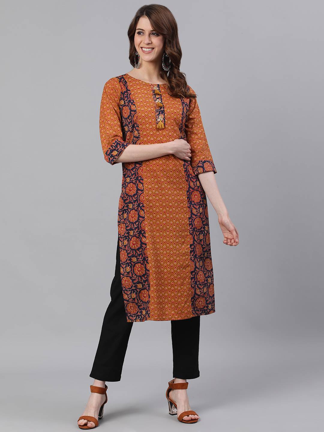 Mustard Ethnic Print Straight Cotton Kurtas