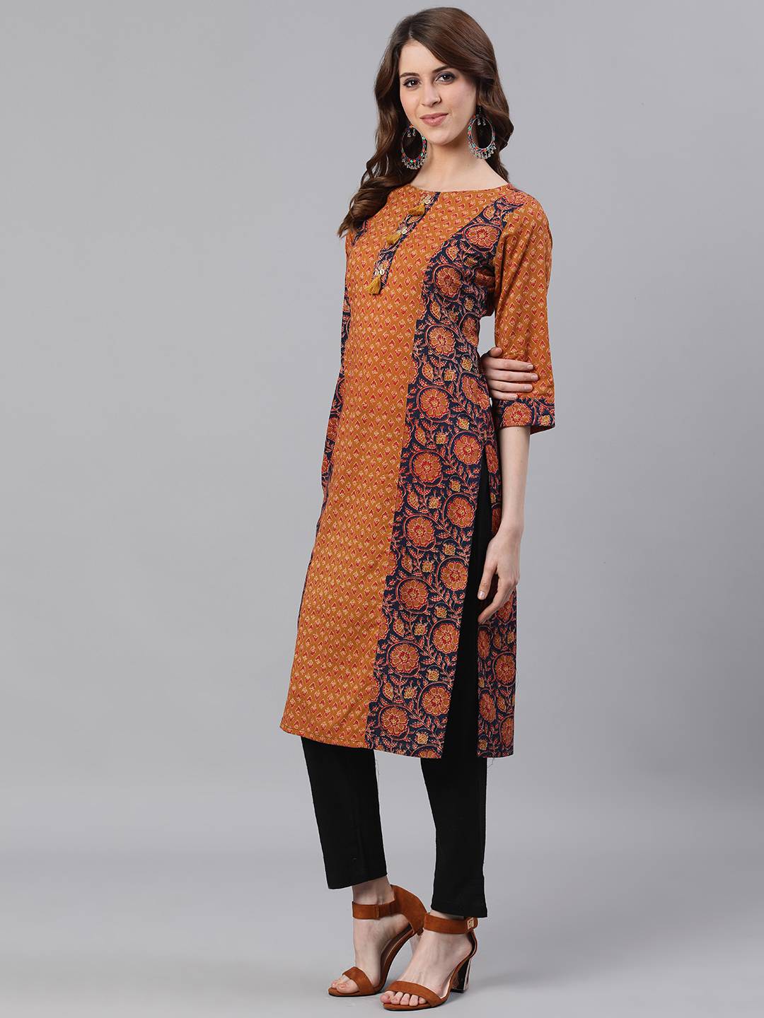 Mustard Ethnic Print Straight Cotton Kurtas
