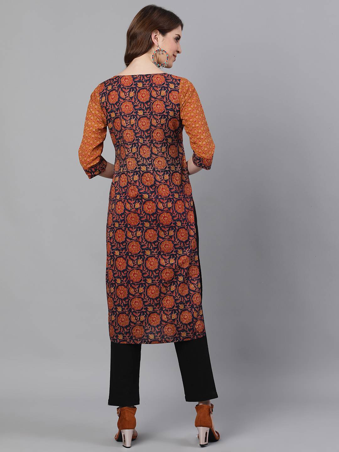 Mustard Ethnic Print Straight Cotton Kurtas