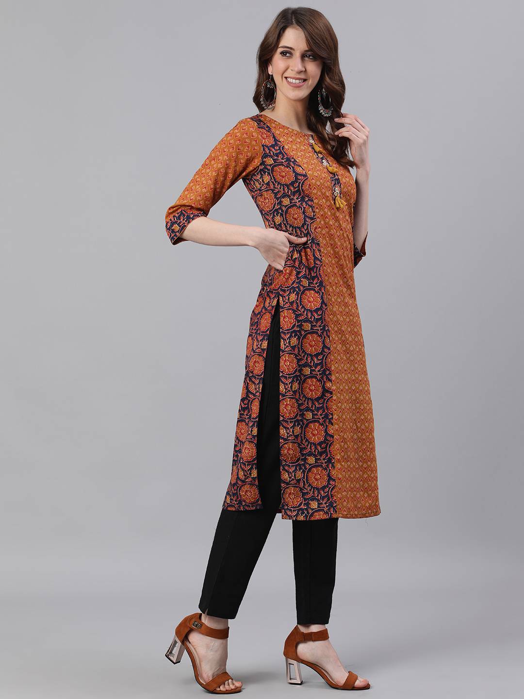 Mustard Ethnic Print Straight Cotton Kurtas