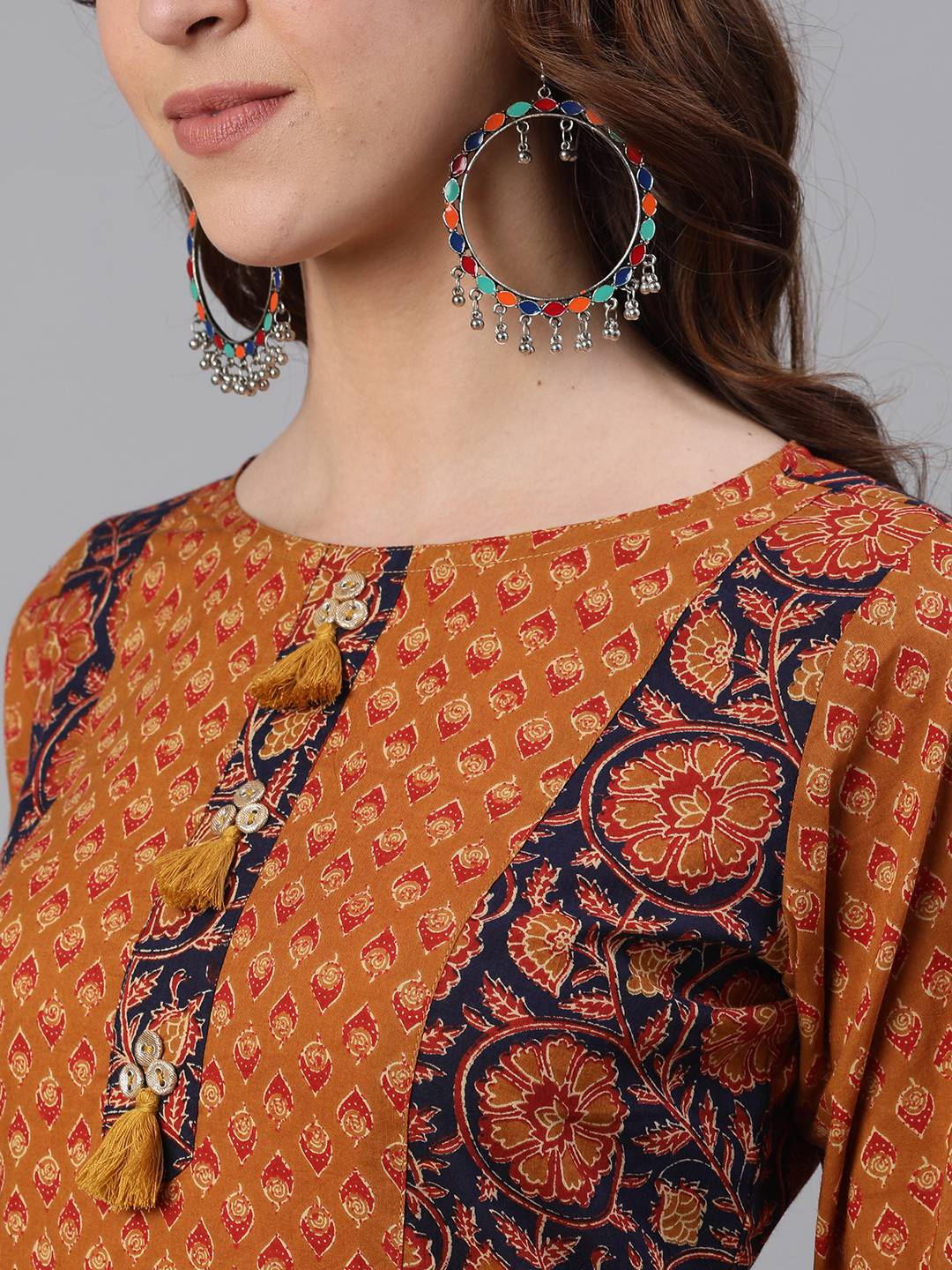 Mustard Ethnic Print Straight Cotton Kurtas