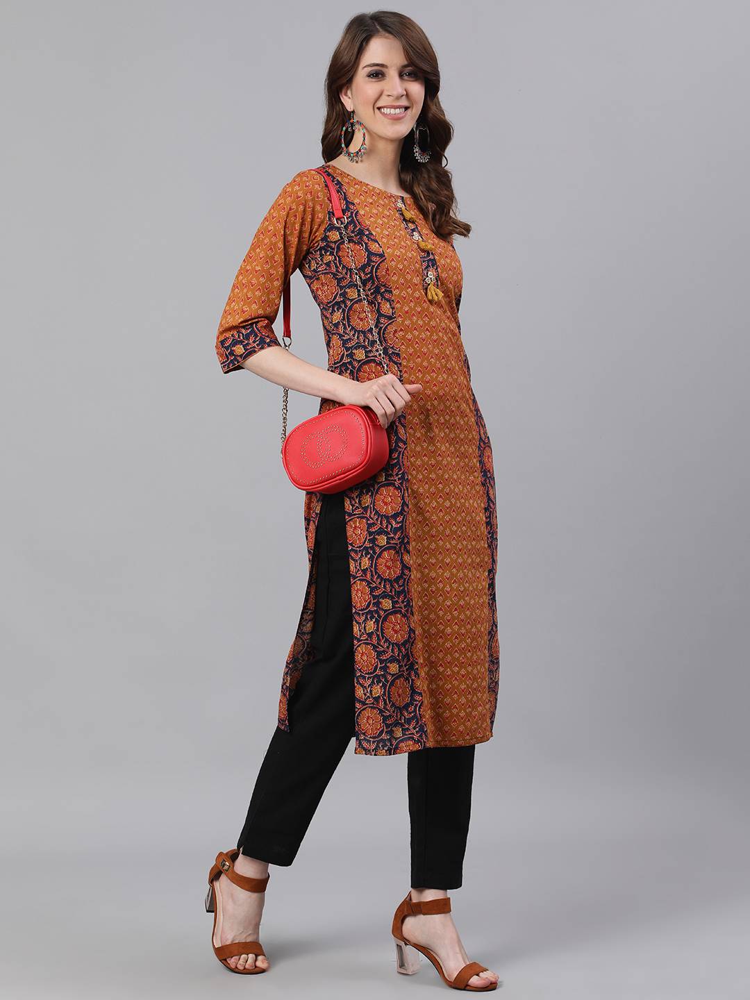 Mustard Ethnic Print Straight Cotton Kurtas