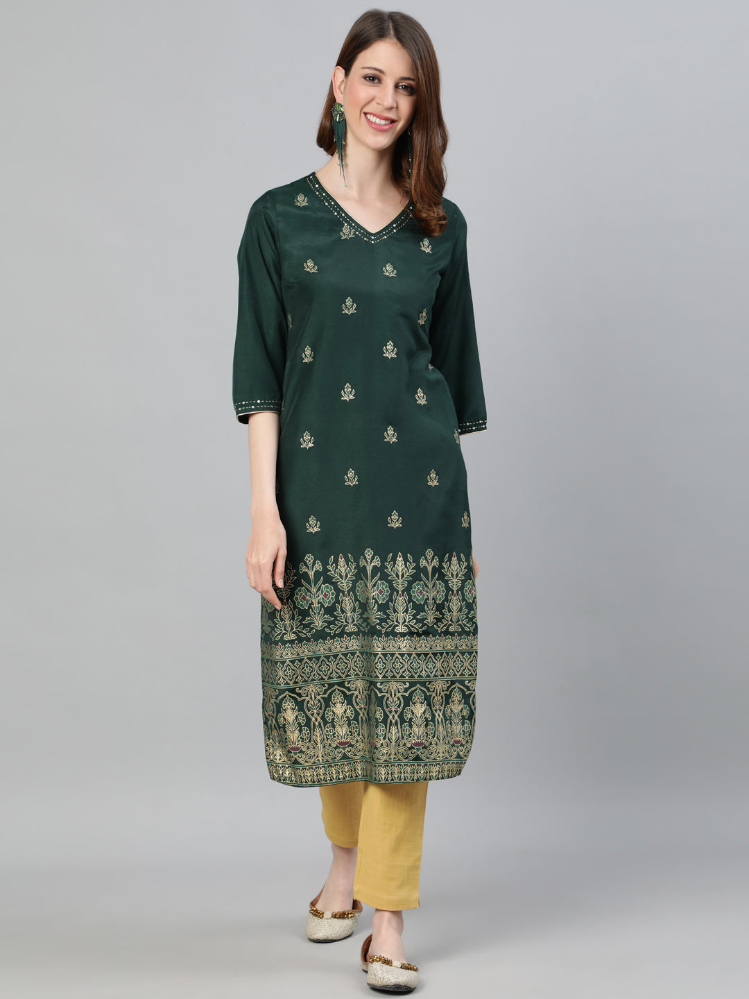 Green Print Straight Embroidered Kurta