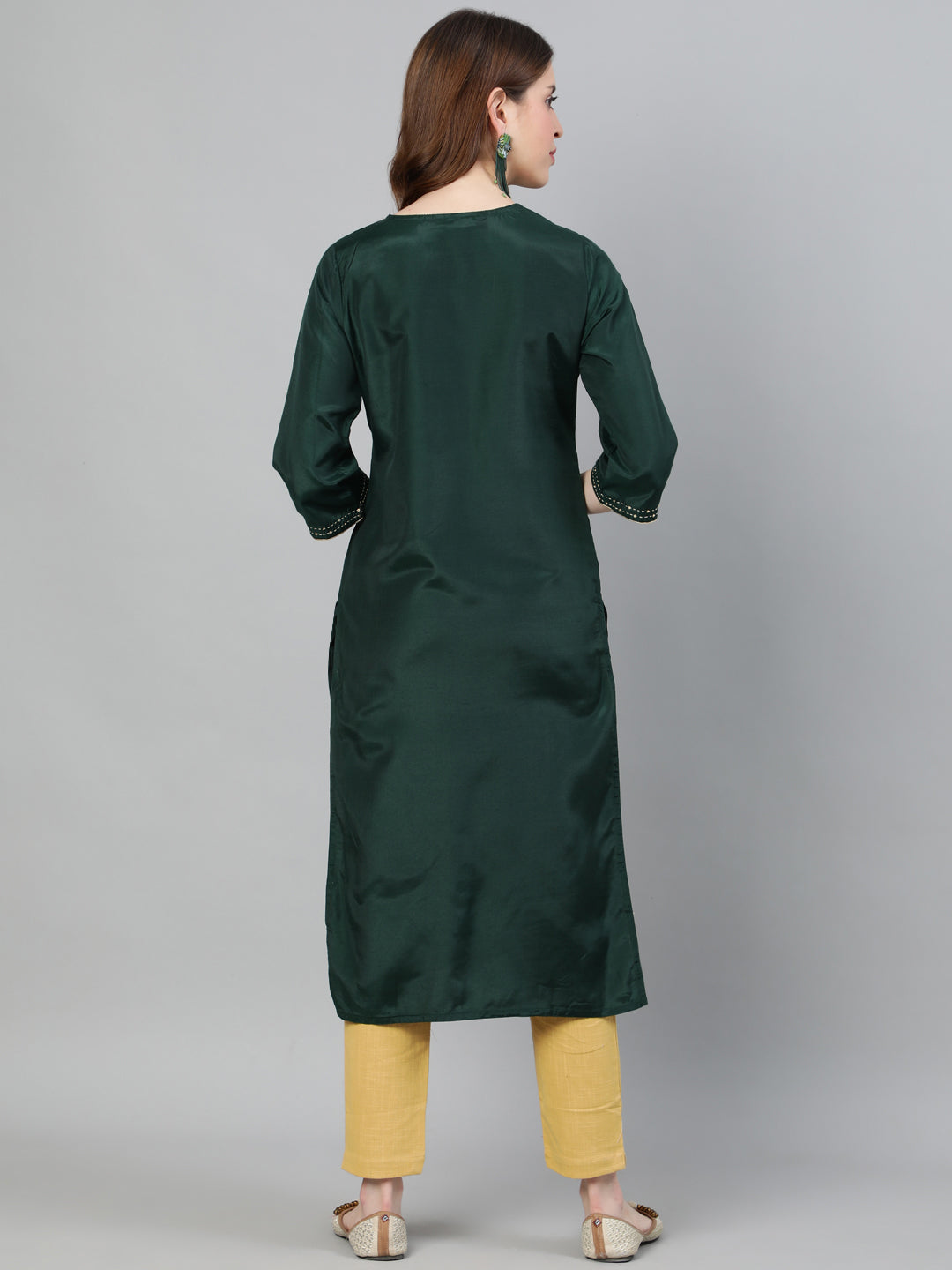 Green Print Straight Embroidered Kurta