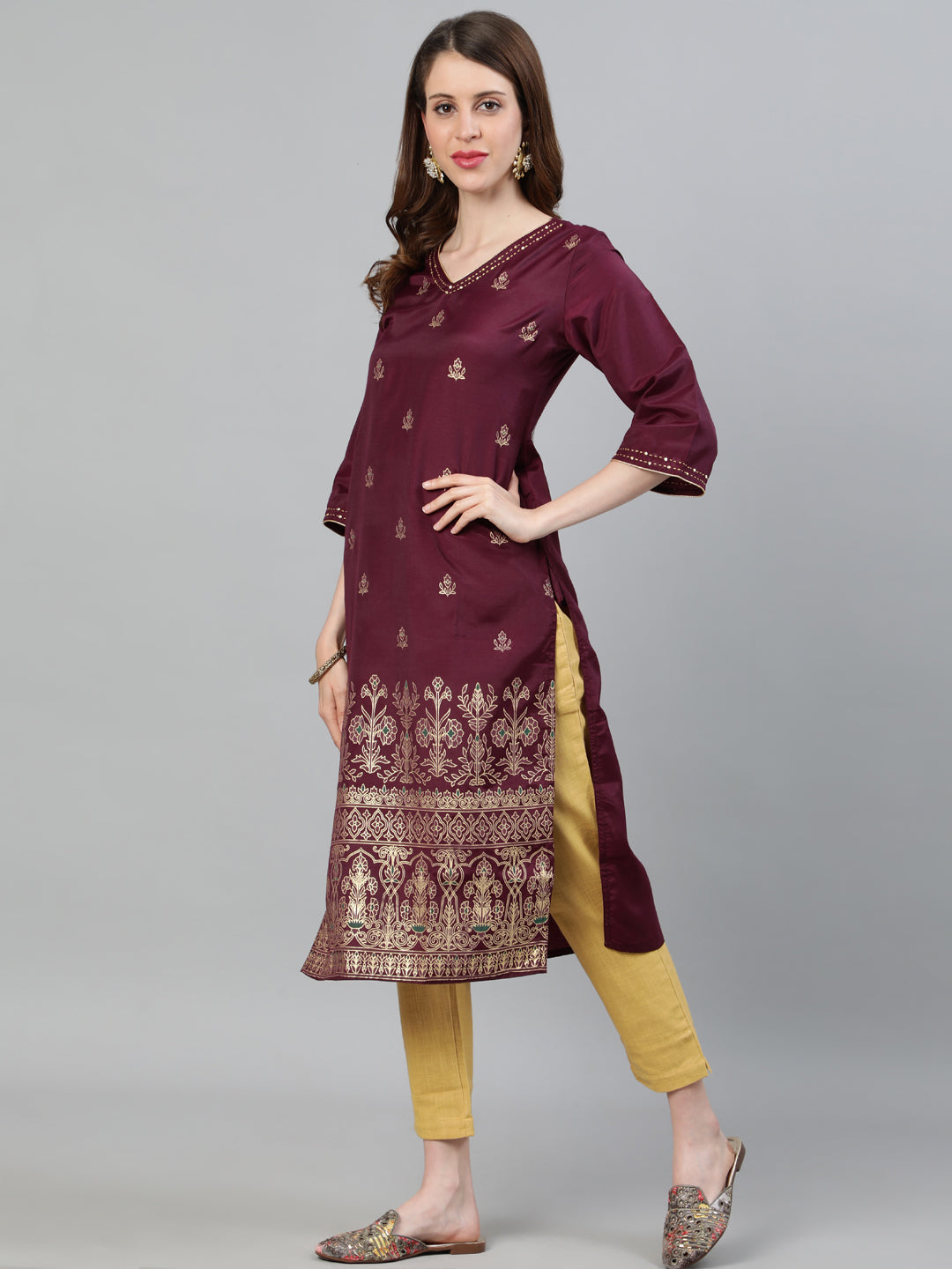 Burgundy Print Straight Embroidered Kurta