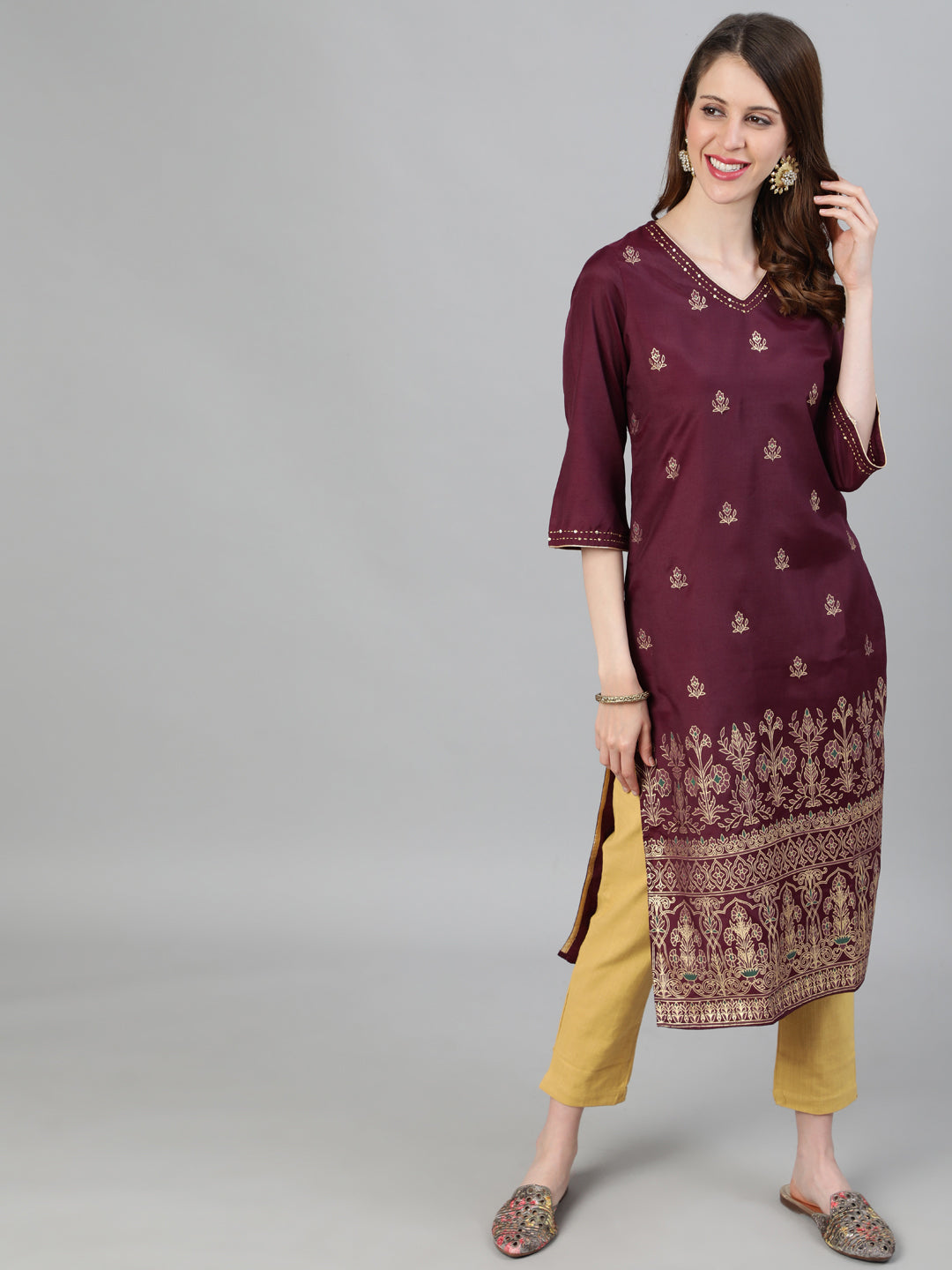 Burgundy Print Straight Embroidered Kurta