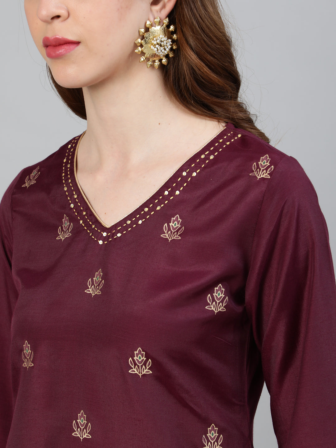 Burgundy Print Straight Embroidered Kurta