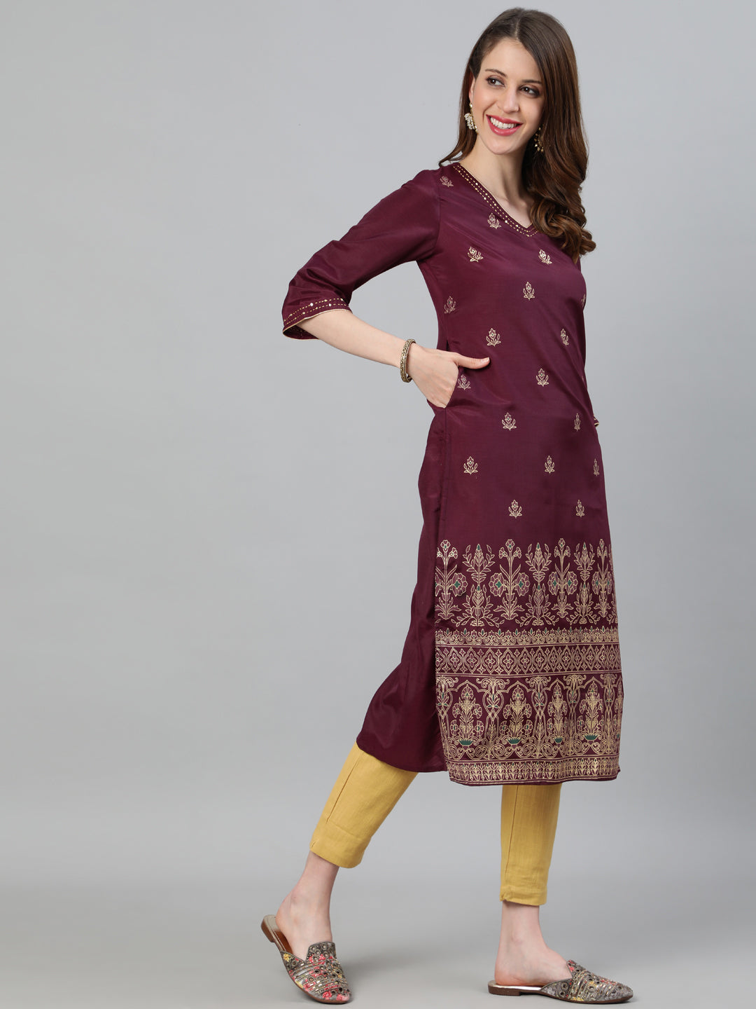 Burgundy Print Straight Embroidered Kurta