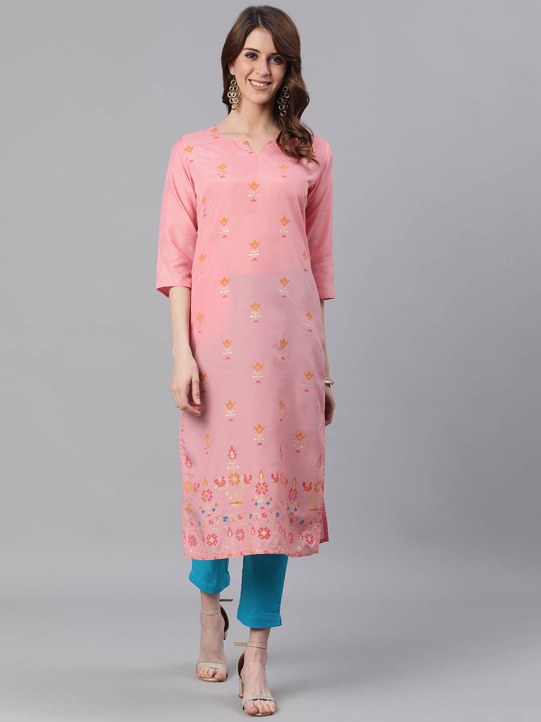 Pink Abstract Print Straight Silk Blend Kurtas