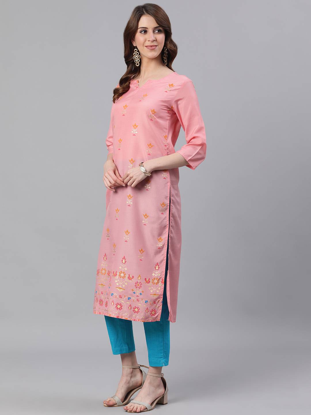 Pink Abstract Print Straight Silk Blend Kurtas