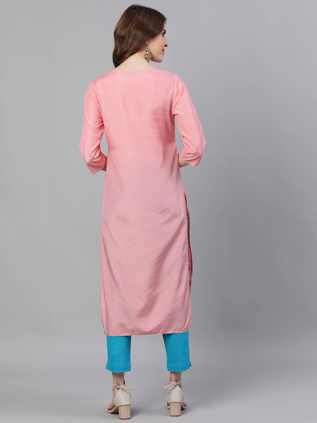 Pink Abstract Print Straight Silk Blend Kurtas