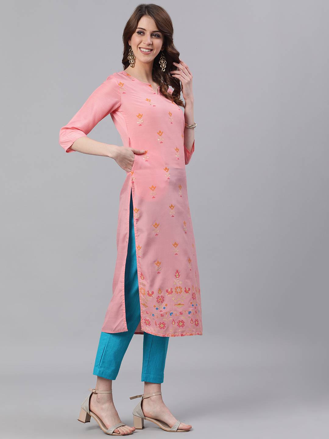 Pink Abstract Print Straight Silk Blend Kurtas