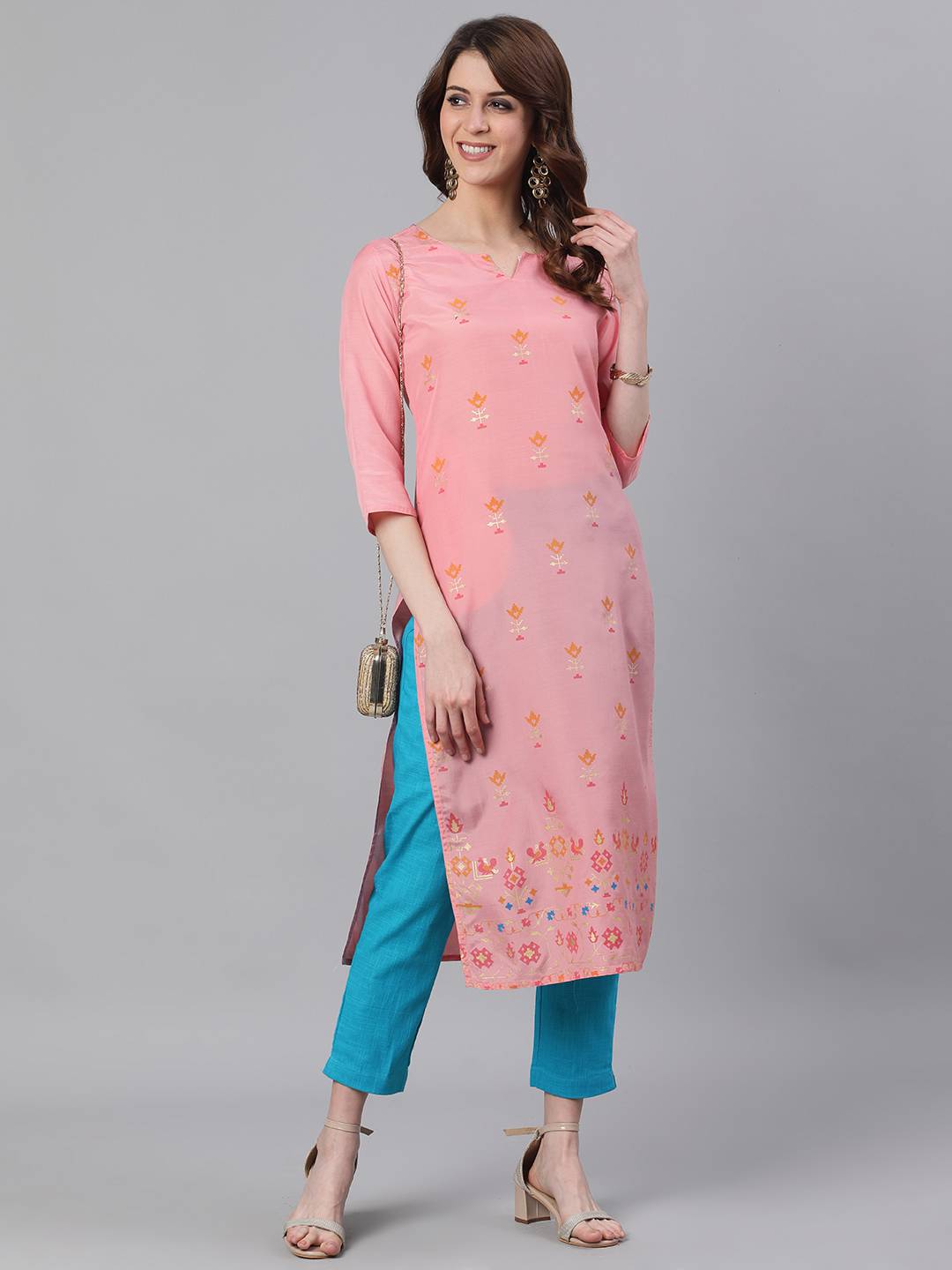Pink Abstract Print Straight Silk Blend Kurtas