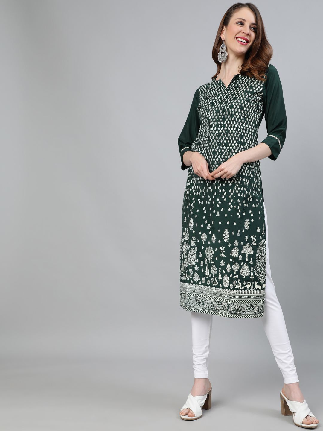 Green Ethnic Motifs Straight Silk Blend Kurta