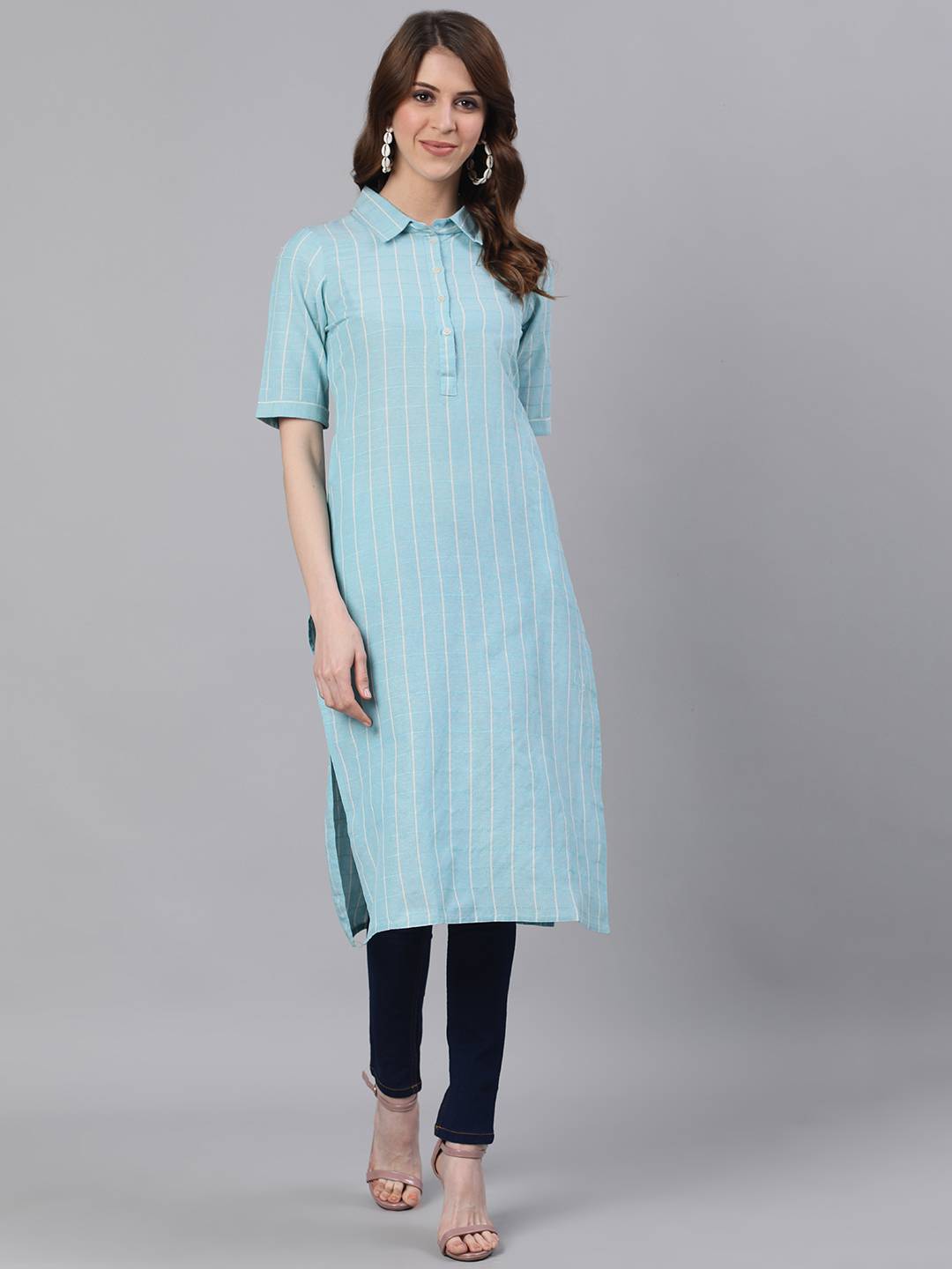 Blue Checks Straight Cotton Blend Kurtas