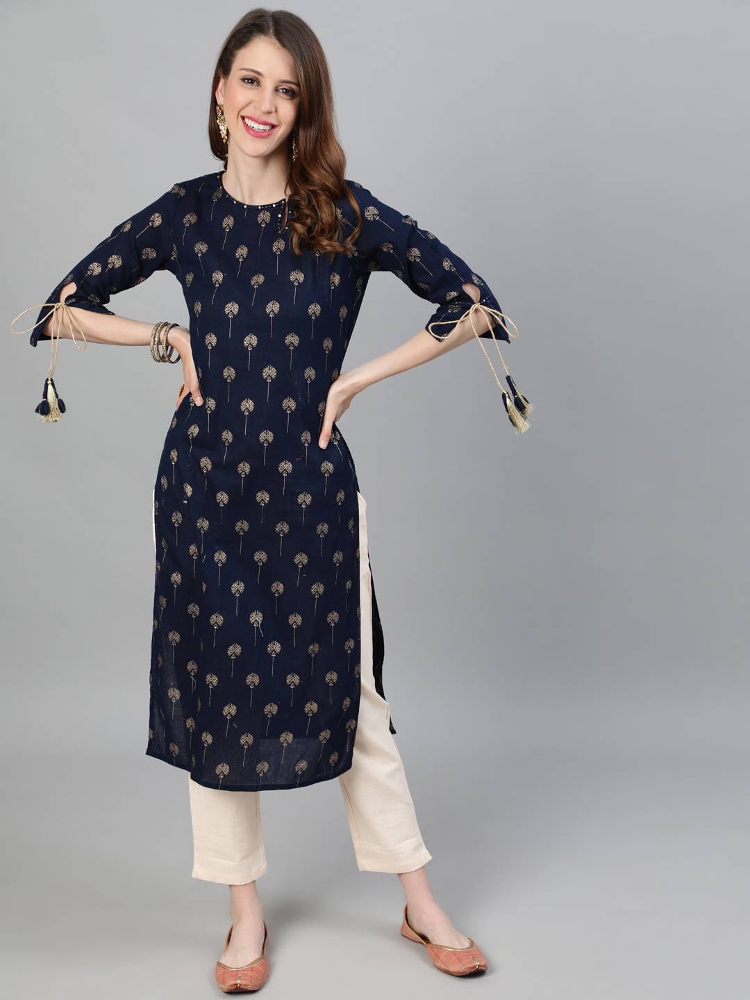 Navy Blue Ethnic Print Straight Cotton Kurta