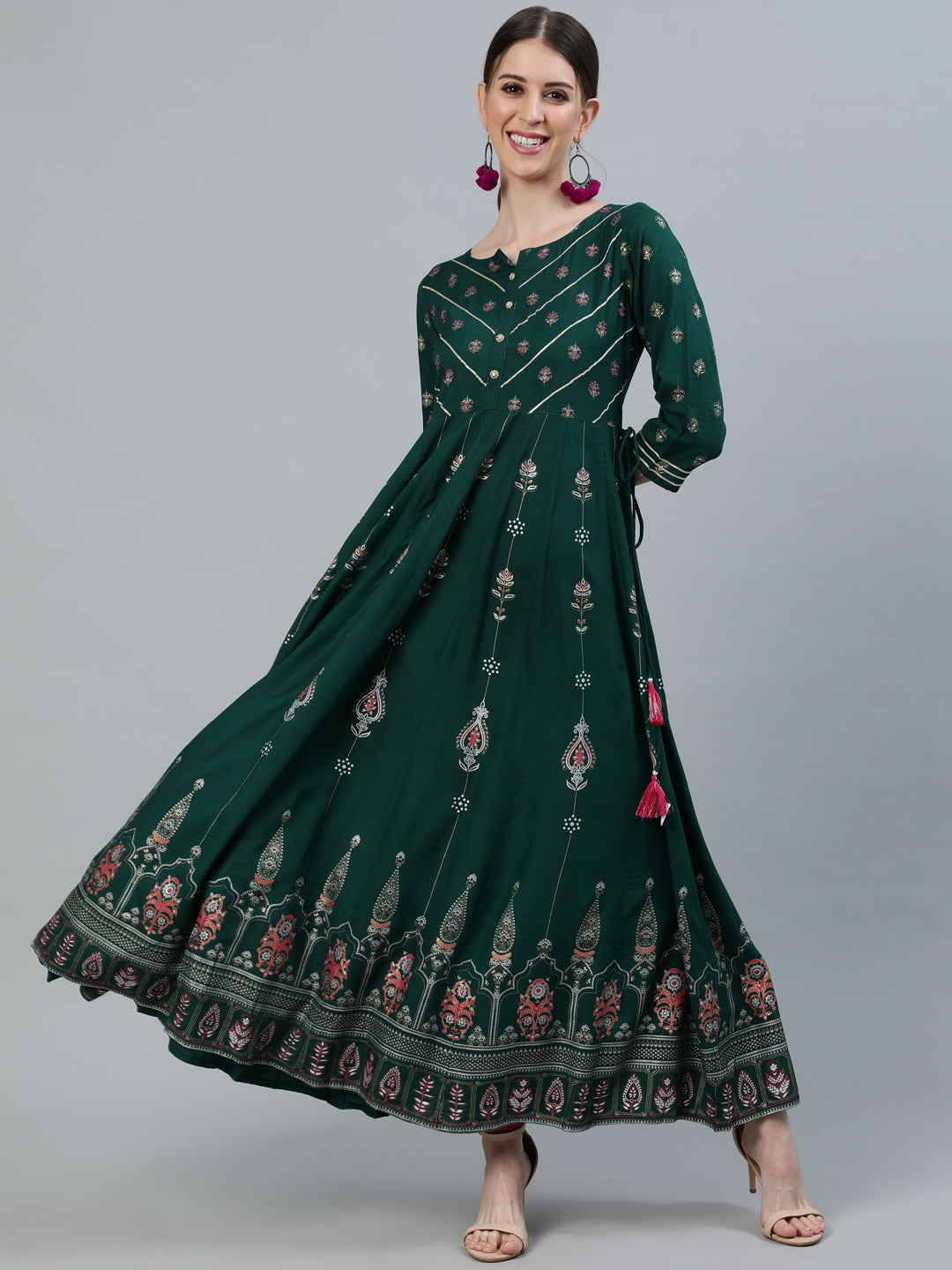 GREEN PRINT EMBROIDERED ANARKALI KURTA