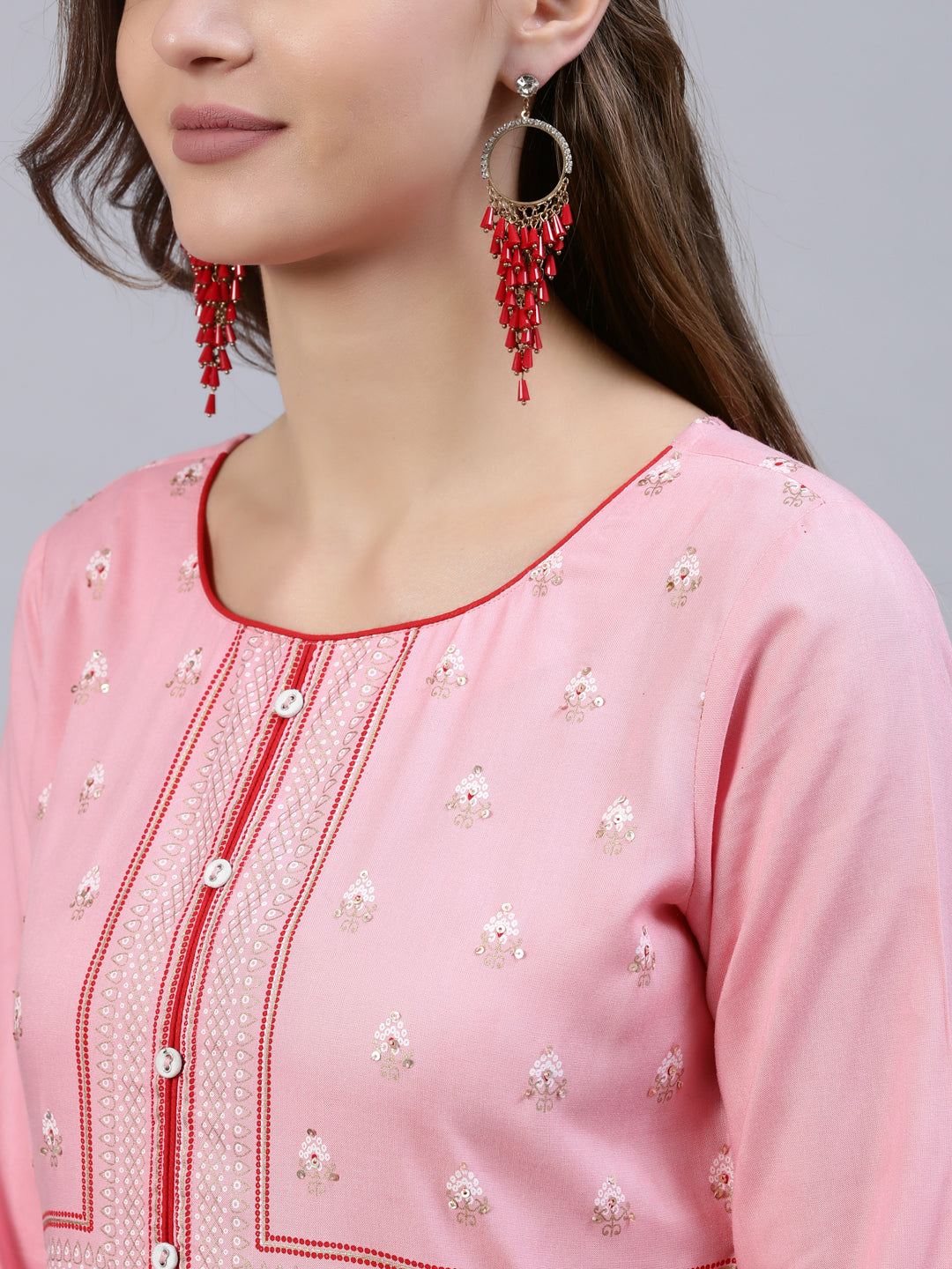 red pipin neck kurta for women
