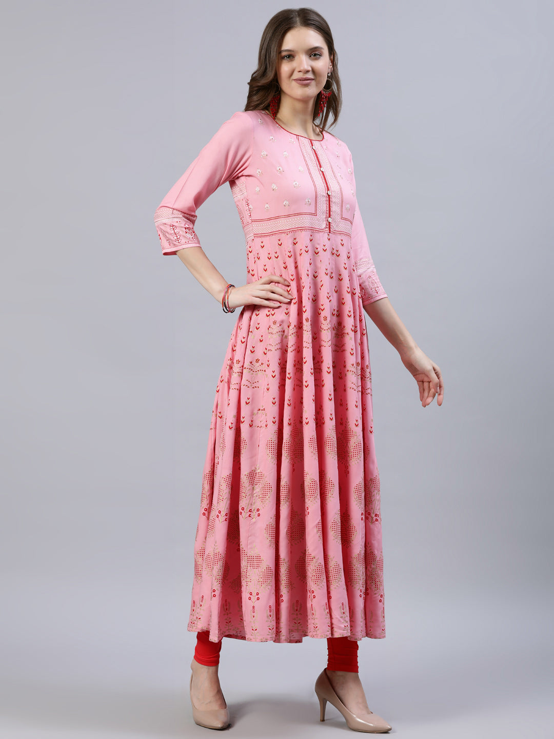 Pink Ethnic Print Sequin Embroidered Anarkali Kurta