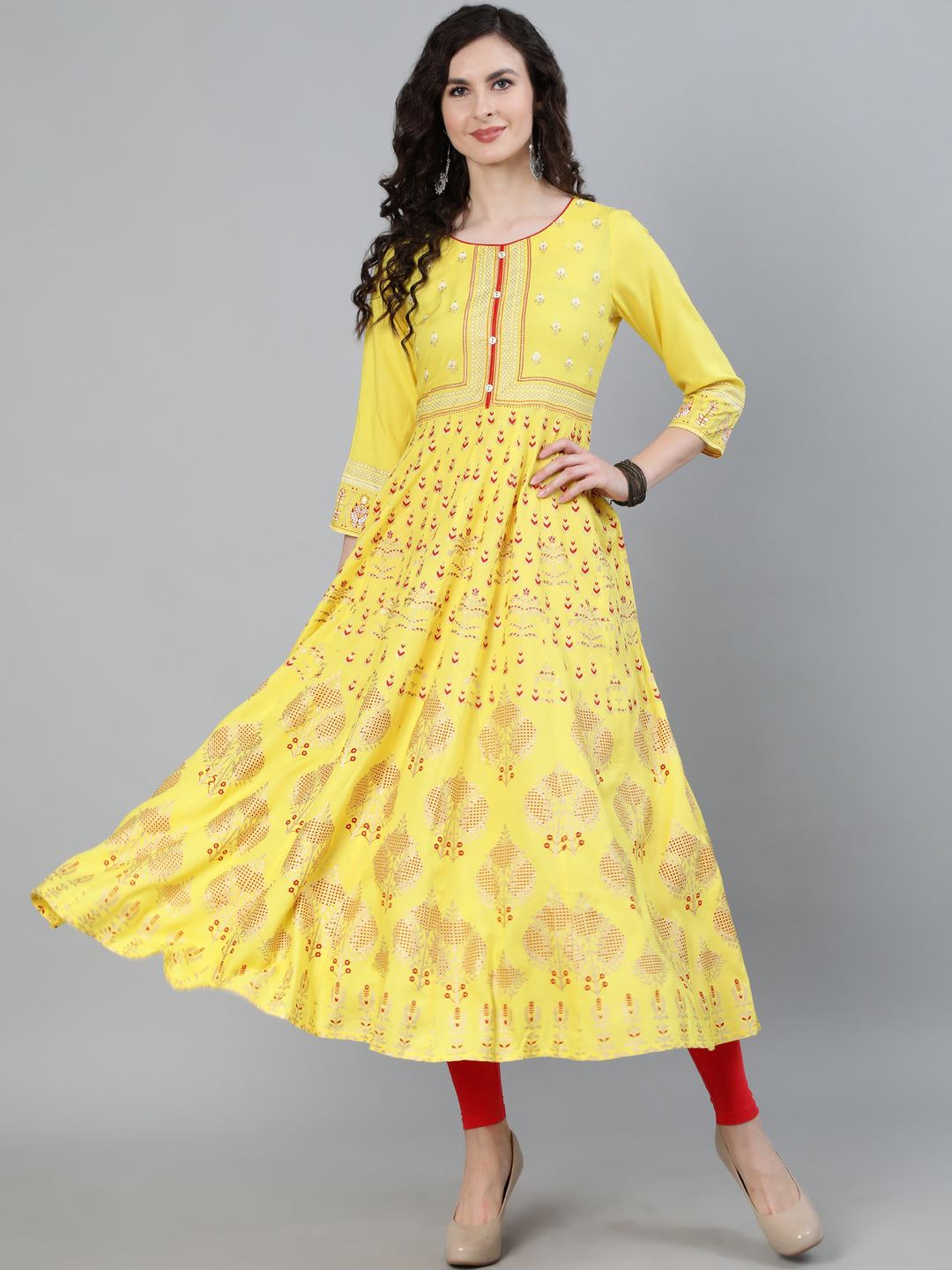 Yellow Ethnic Print Anarkali Kurta With Sequin Embroidery