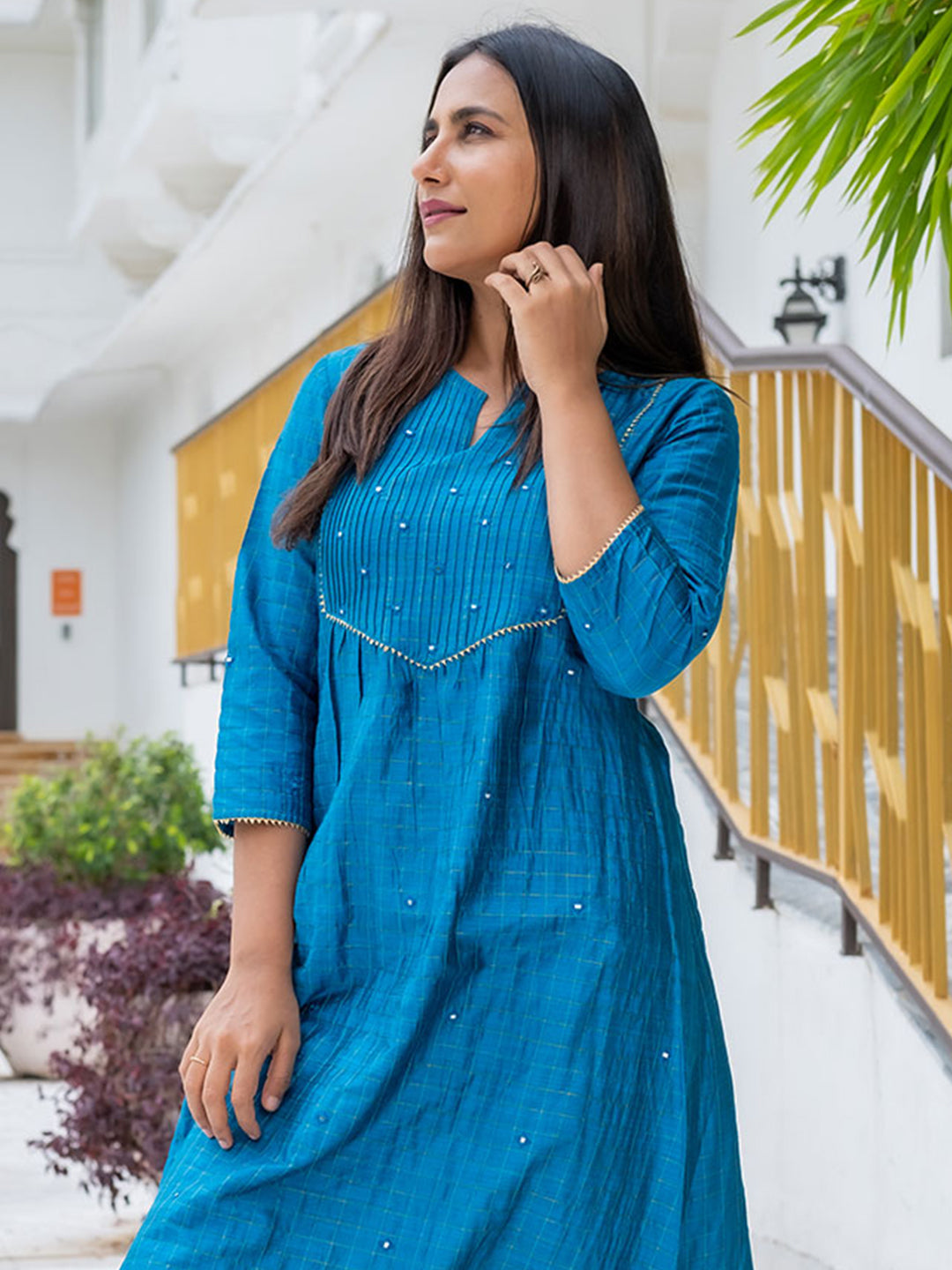 Turquoise Chanderi Checked A-Line Kurta With Embroiered Yoke