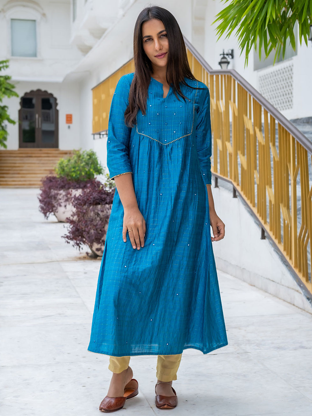 Turquoise Chanderi Checked A-Line Kurta With Embroiered Yoke