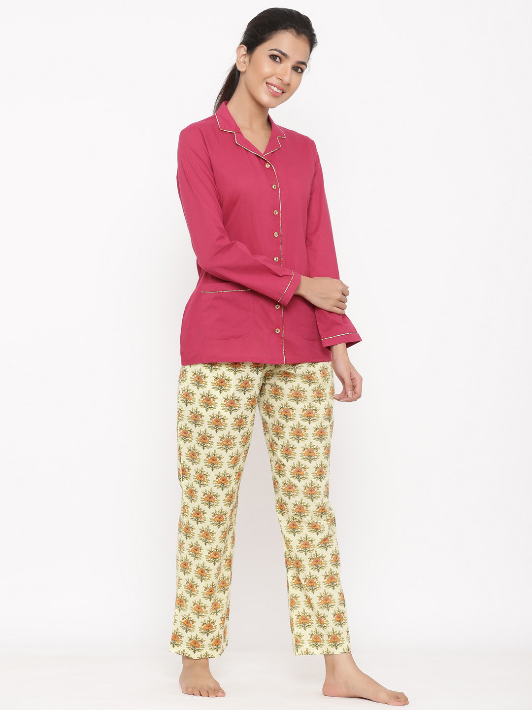 Magenta Ethnic Print Cotton Night Suit