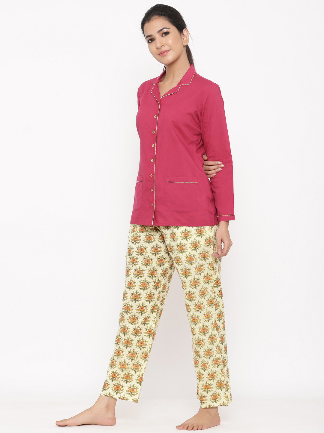 Magenta Ethnic Print Cotton Night Suit