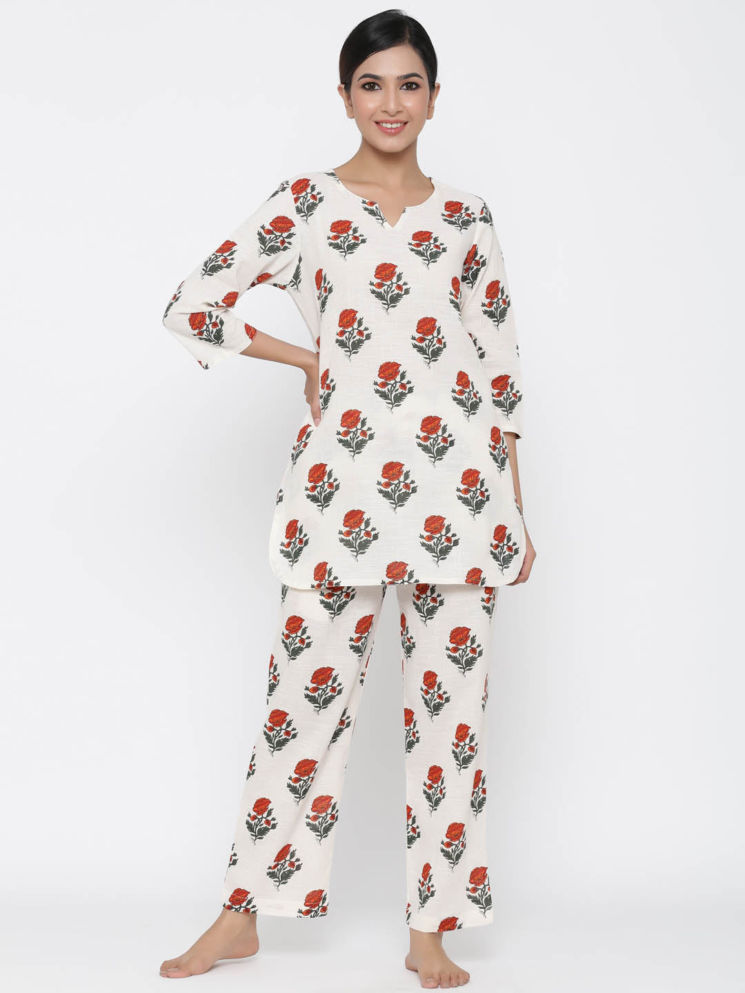 White Floral Print Straight Cotton Blend Sleepwear