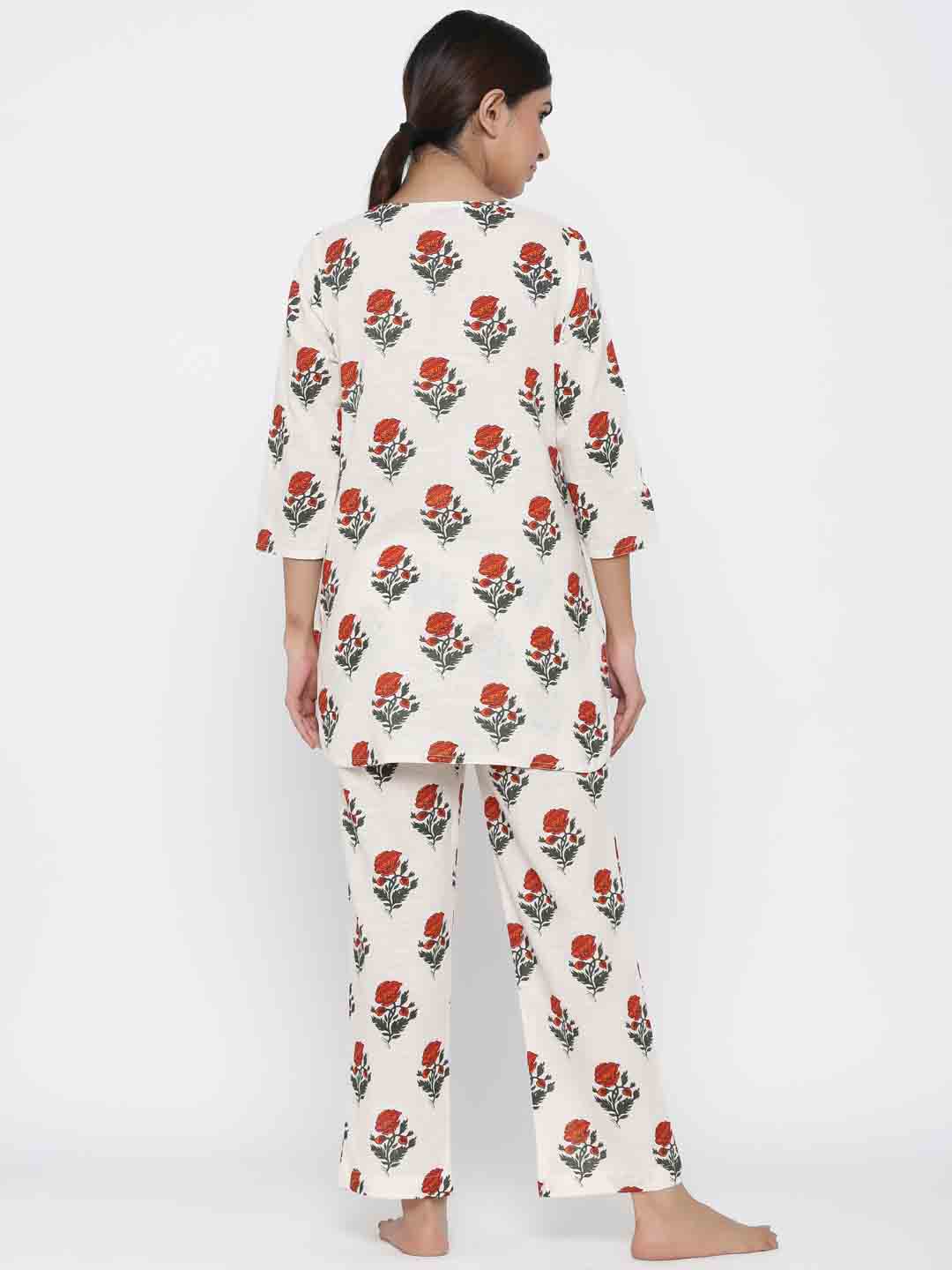 White Floral Print Straight Cotton Blend Sleepwear