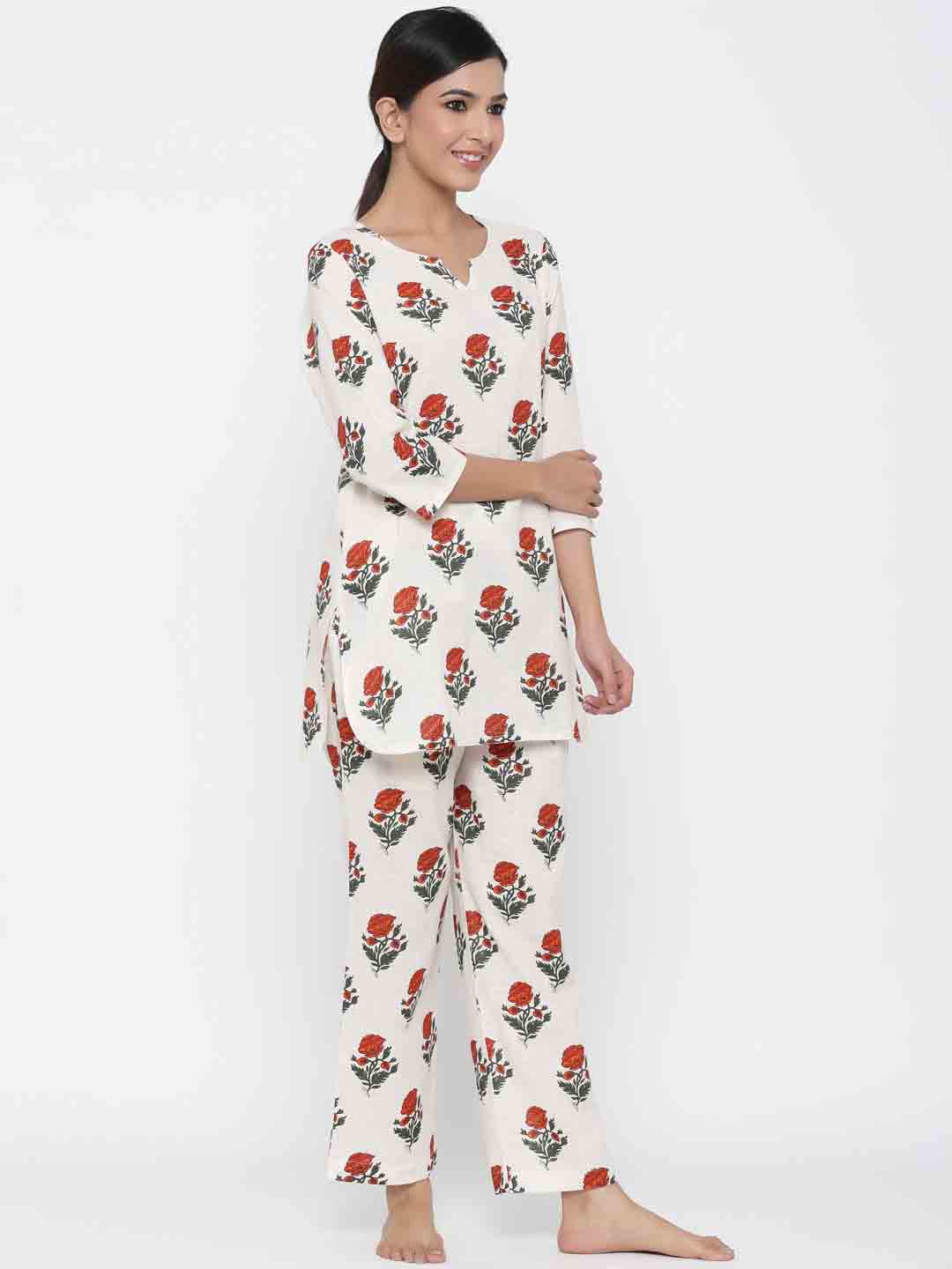 White Floral Print Straight Cotton Blend Sleepwear