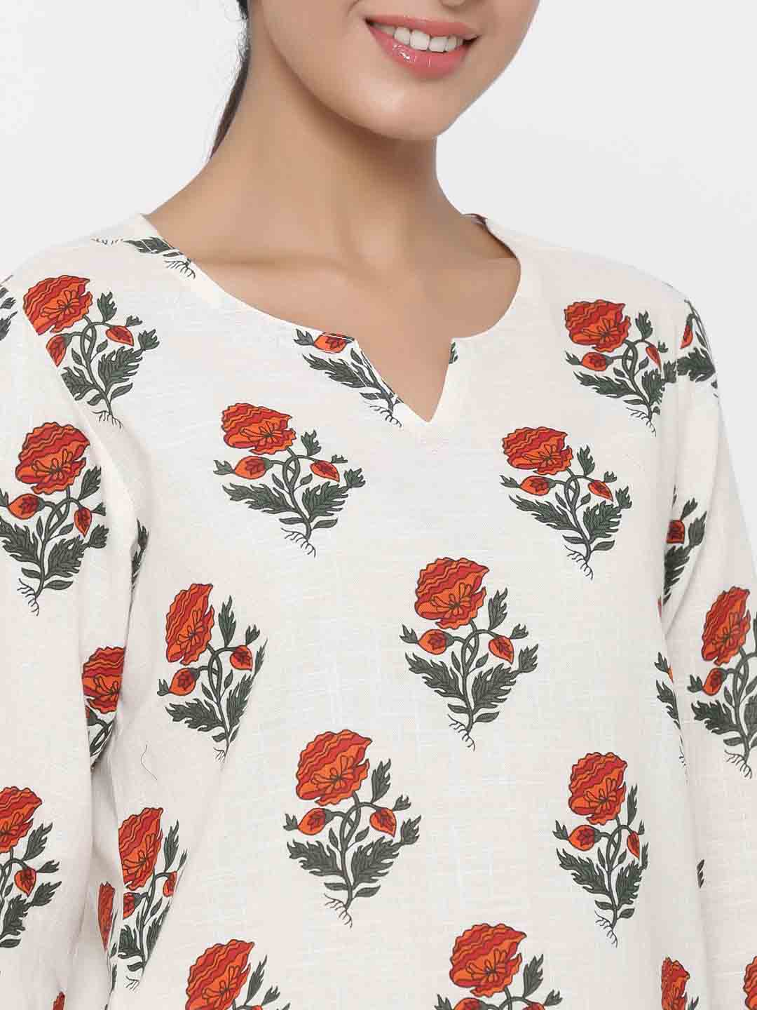 White Floral Print Straight Cotton Blend Sleepwear