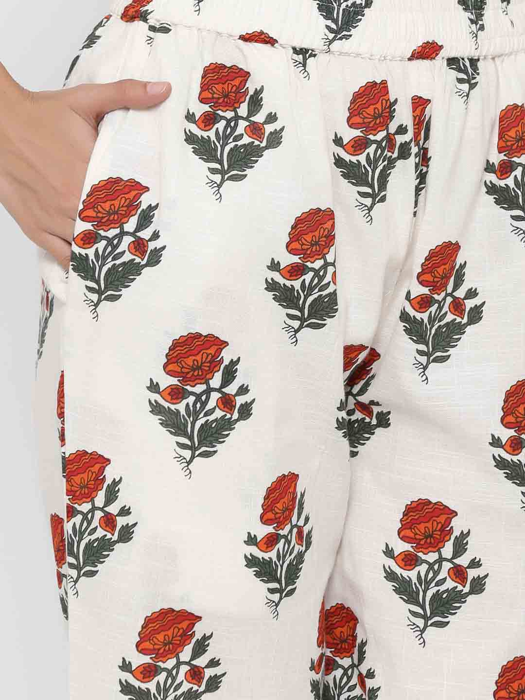 White Floral Print Straight Cotton Blend Sleepwear