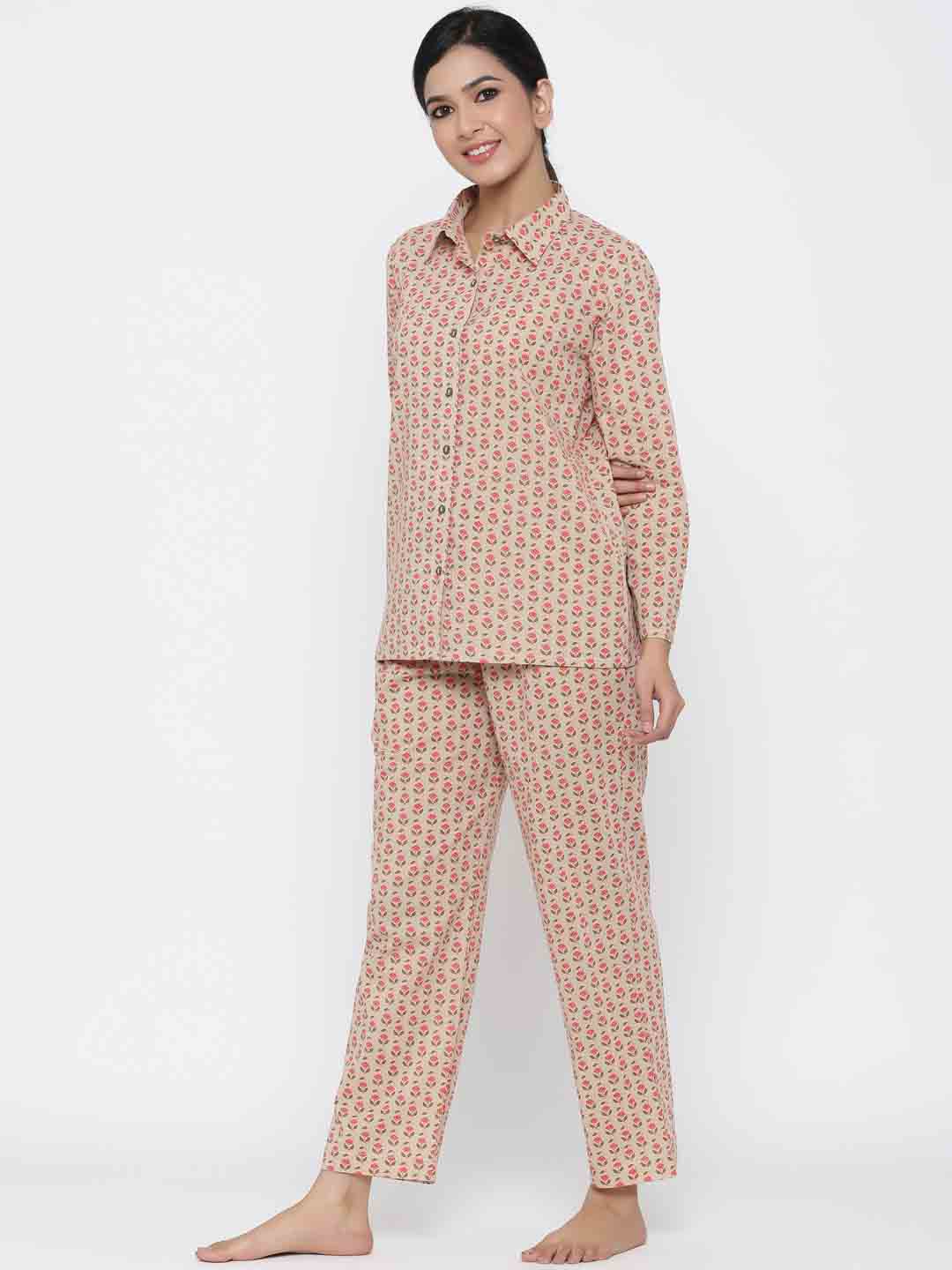 Beige Floral Print Straight Cotton Night Suit