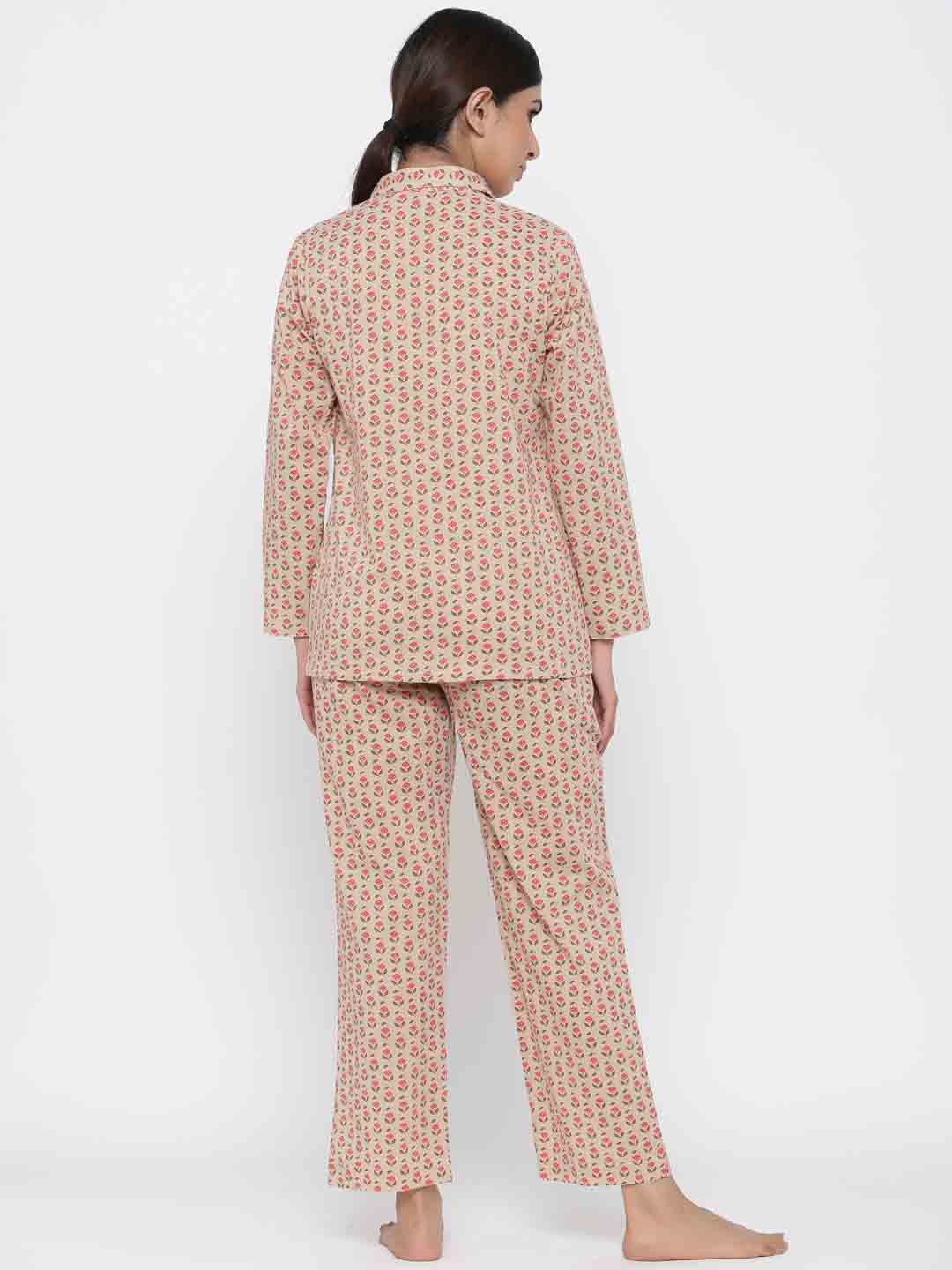 Beige Floral Print Straight Cotton Night Suit
