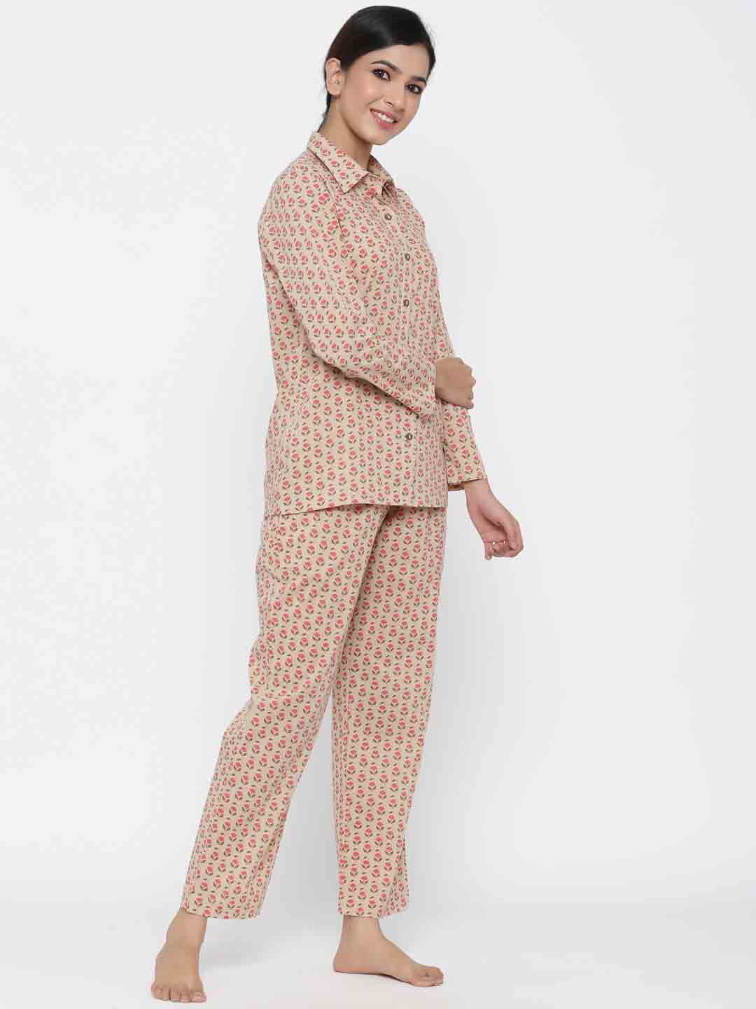 Beige Floral Print Straight Cotton Night Suit