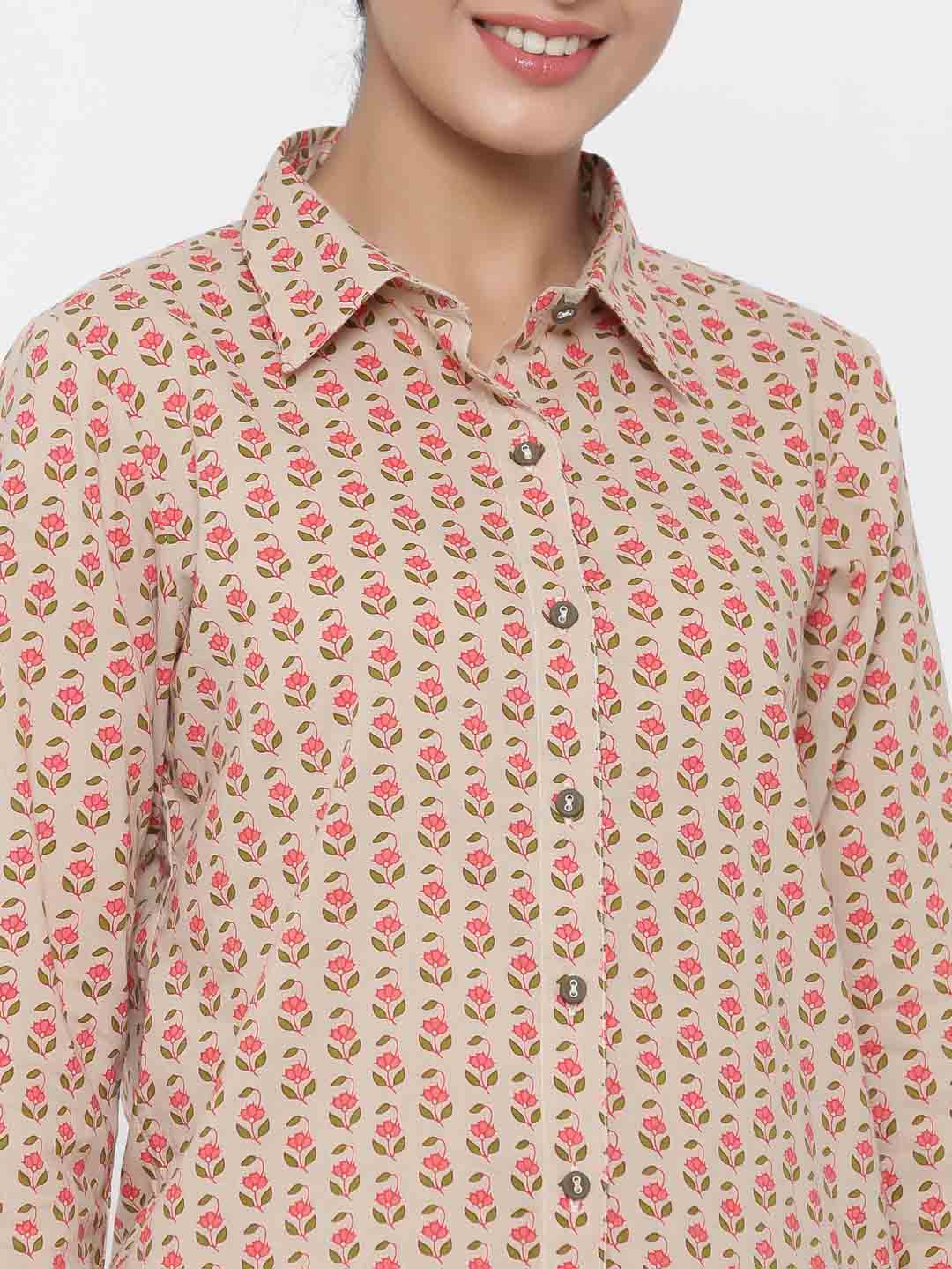 Beige Floral Print Straight Cotton Night Suit